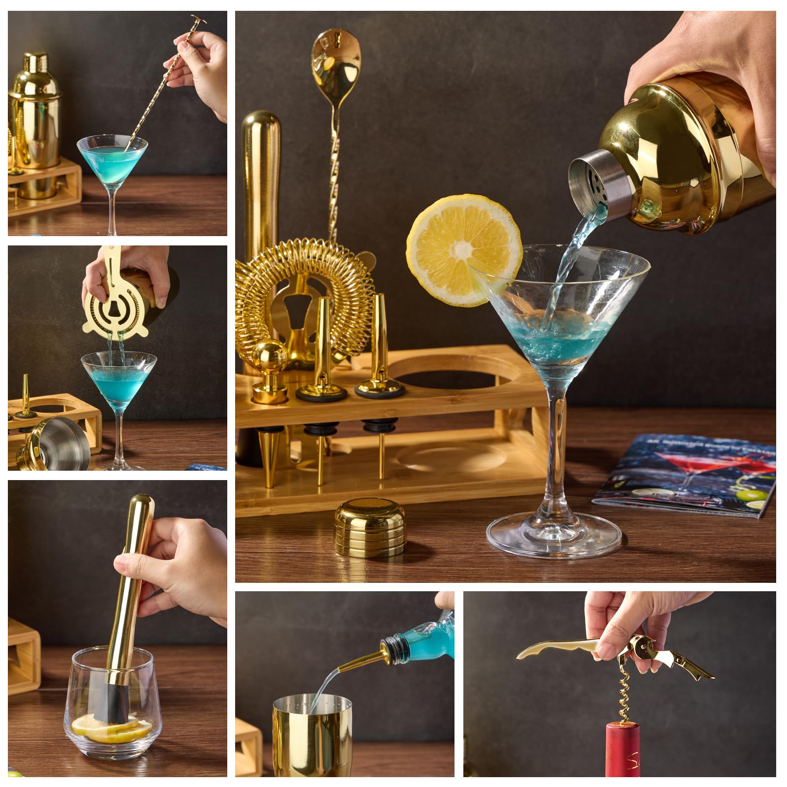 Wukuna colador coctelería dorado, logra filtrados limpios para tragos profesionales.