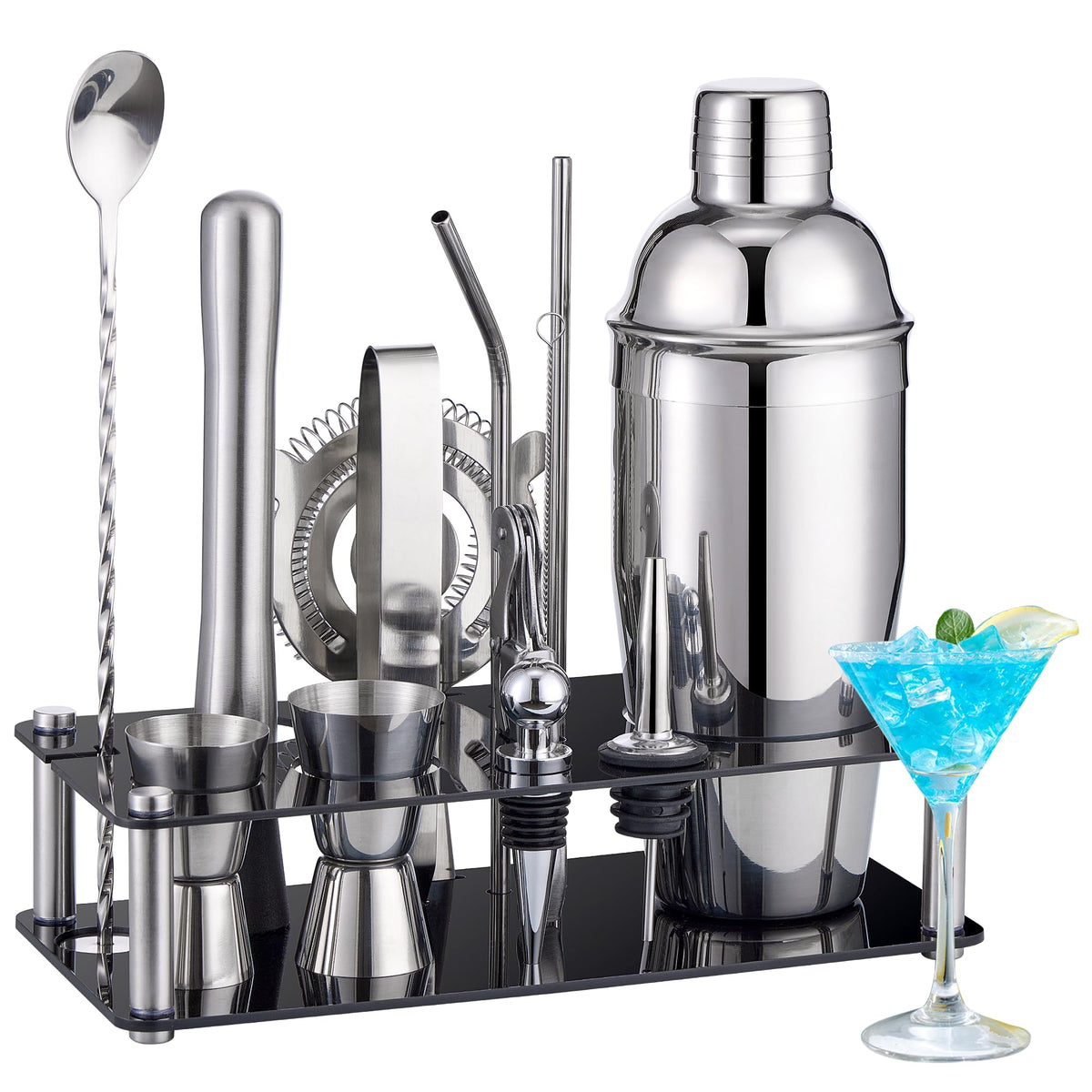 Wukuna set de cocteles con shaker 25oz en soporte acrílico, ideal para exhibir.