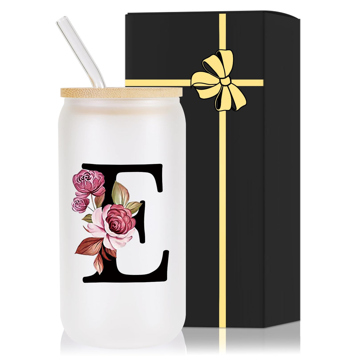 Vaso Wulcea de cristal monogramado con tapa y pajilla, regalo personalizado para ocasiones.