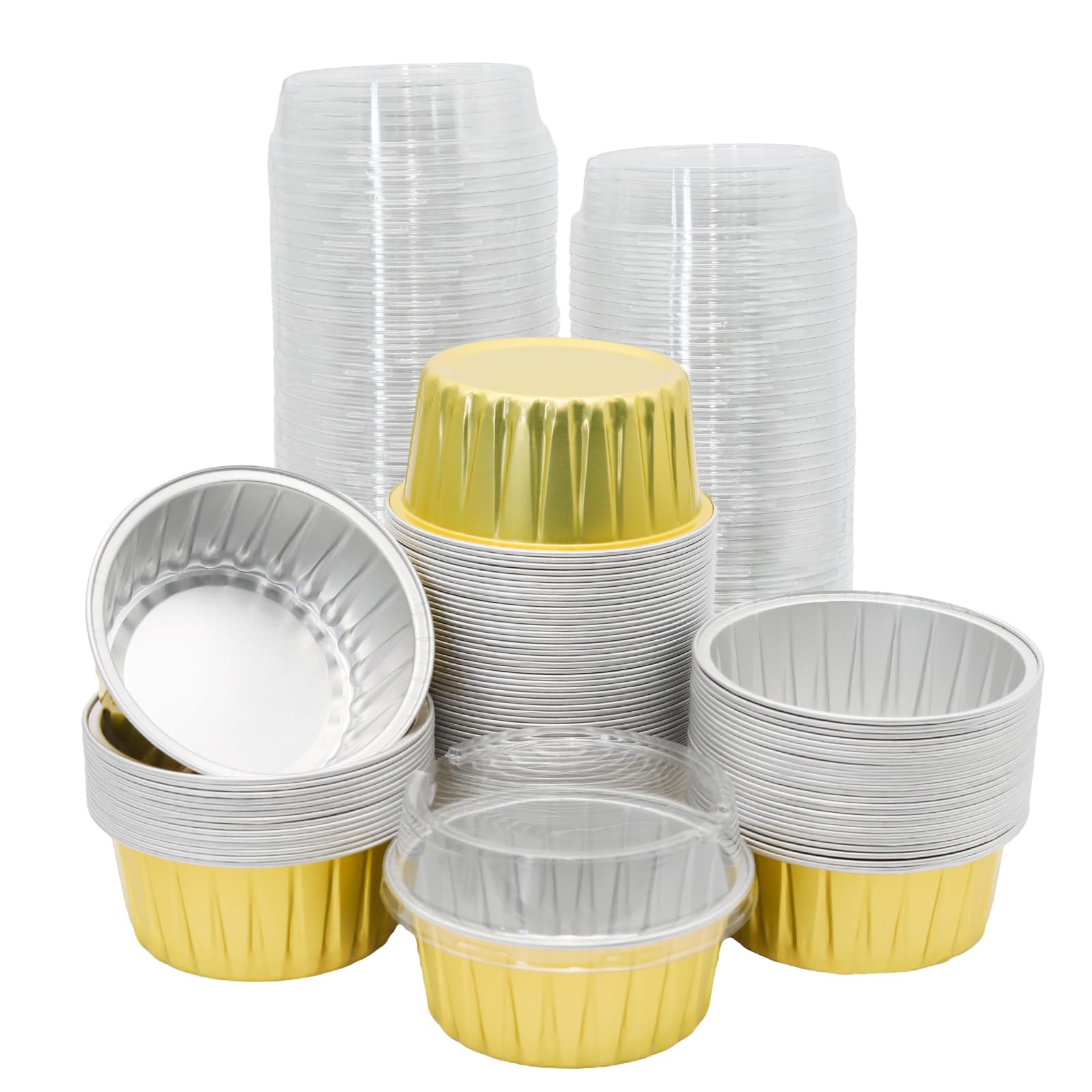 Vasos de aluminio Wuyituart de 5 onzas con tapas doradas, ideales para postres.