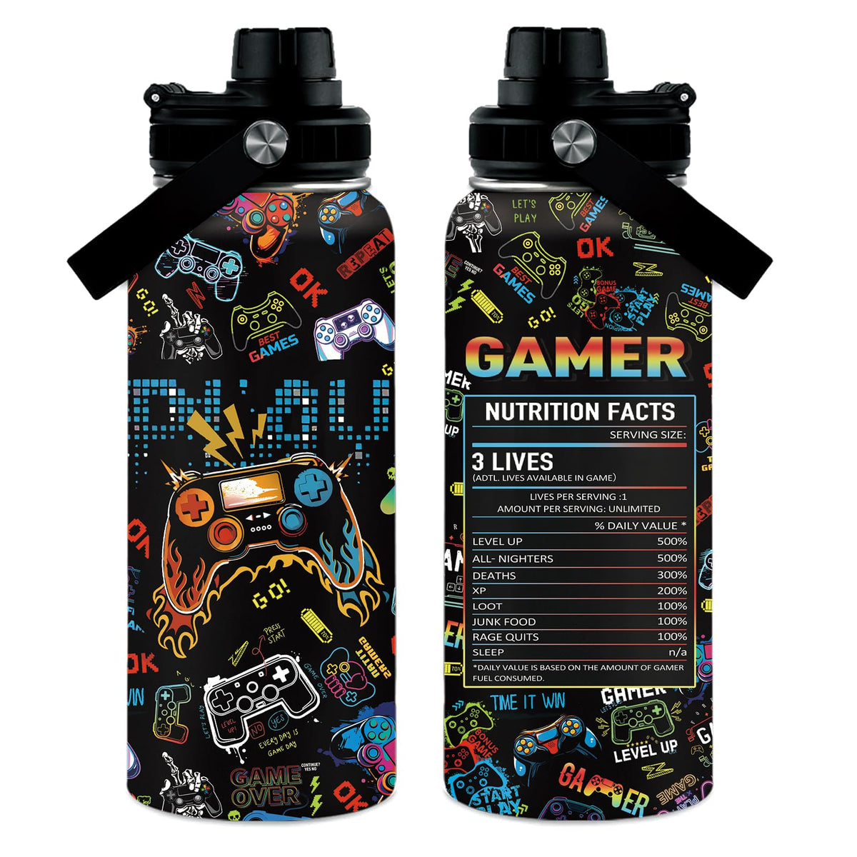 Botella WWHSAI 32oz con diseño gamer y controles, ideal para gaming diario.