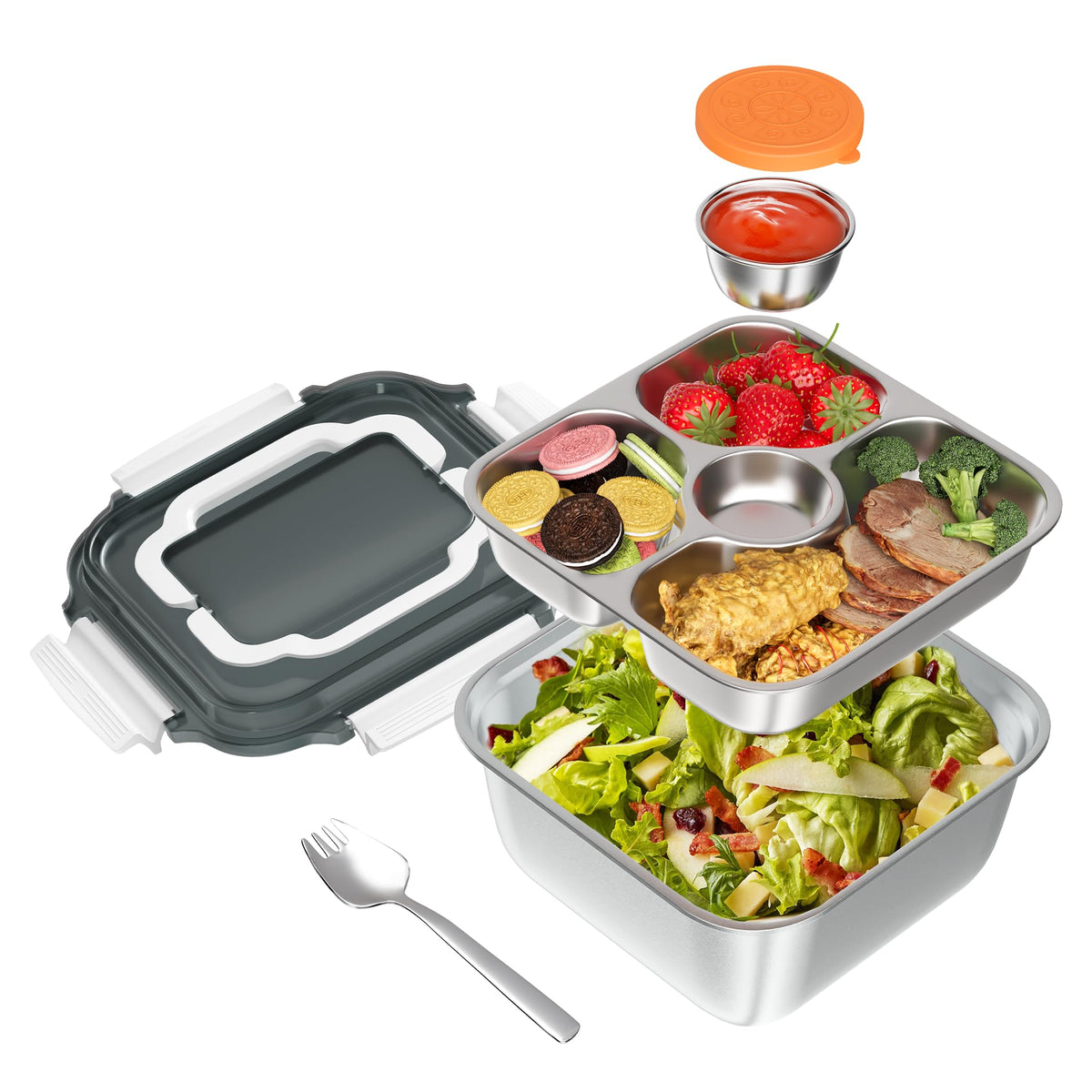 WWMFS Contenedor de ensalada 64oz con bandeja 4 secciones, ideal para almuerzos