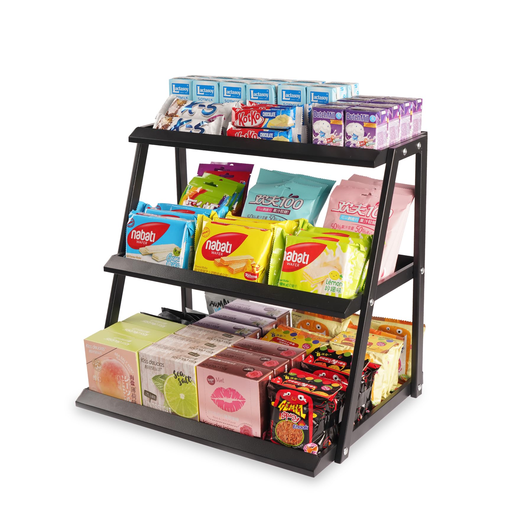 Expositor WWN de 3 niveles para dulces, muestra snacks de forma clara y atractiva.