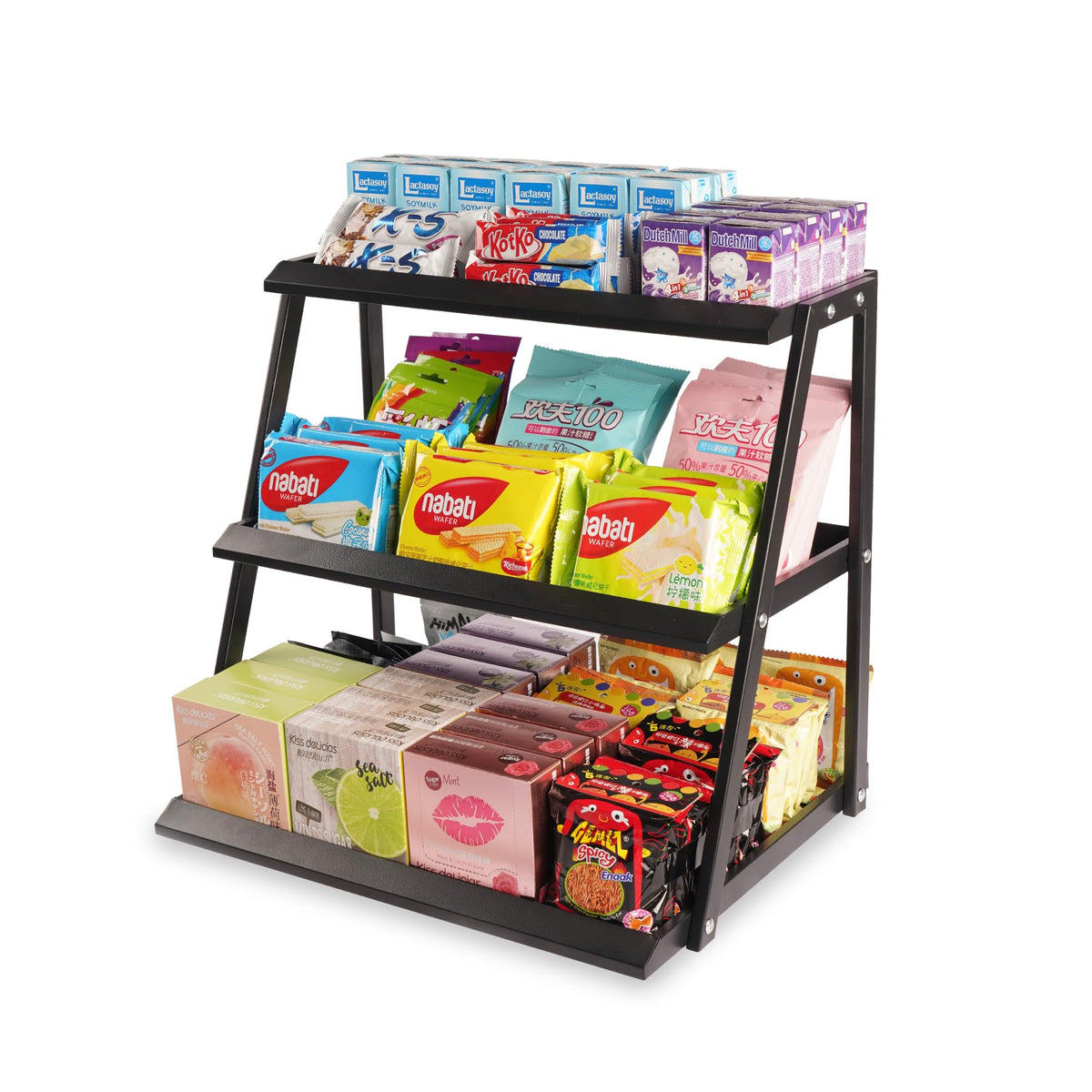 Expositor WWN de 3 niveles para dulces, muestra snacks de forma clara y atractiva.