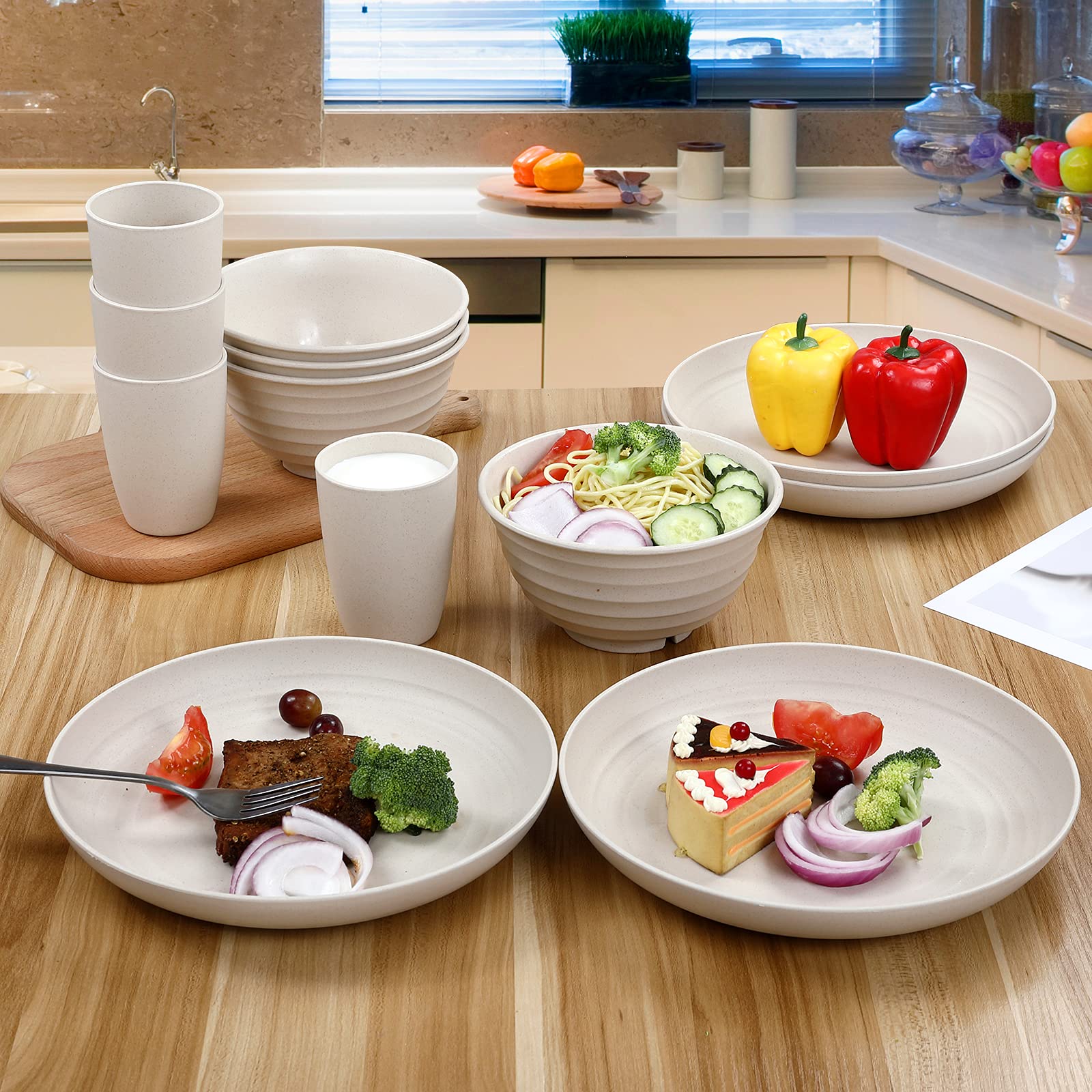 Wwyybfk conjunto sostenible para 4 personas con platos y tazones de trigo.