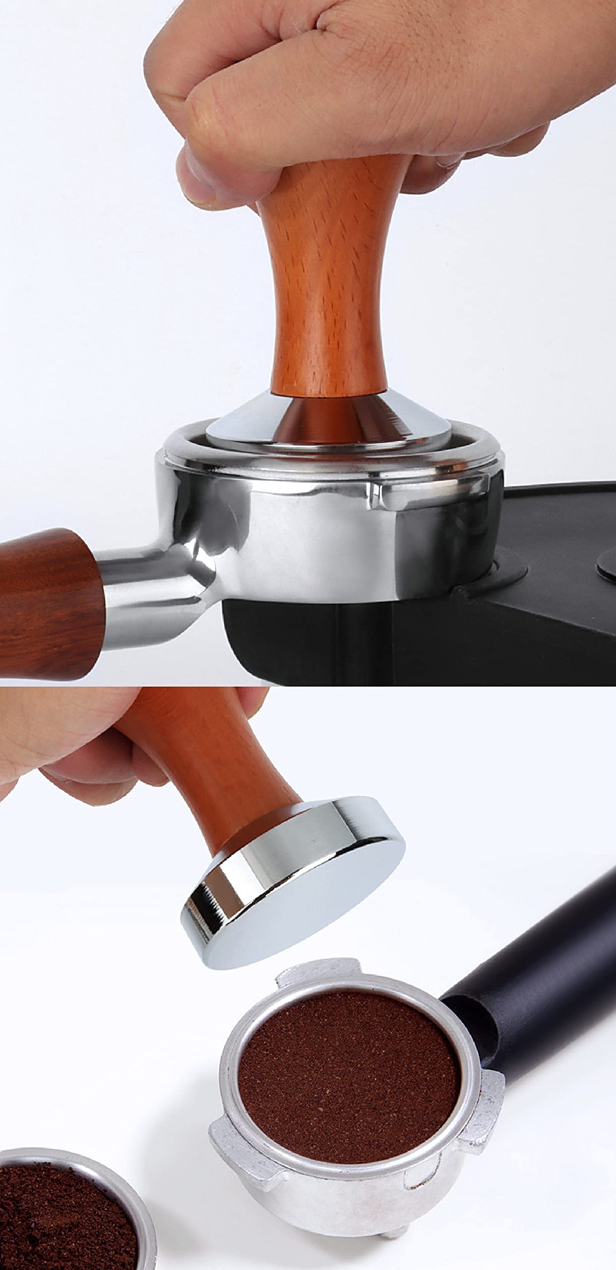 Prensador WYLOSUA de 51mm con mango de madera ergonómico para agarre cómodo.