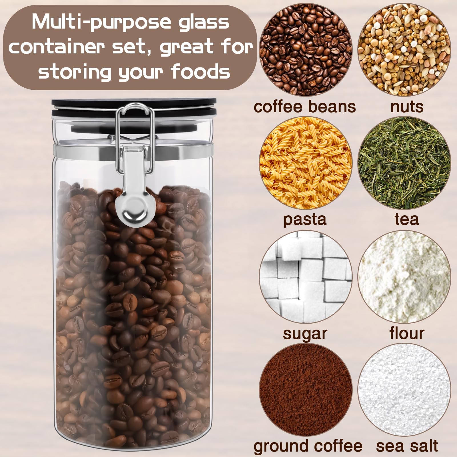 Diseño práctico para cocina, ideal para café, azúcar y frutos secos.