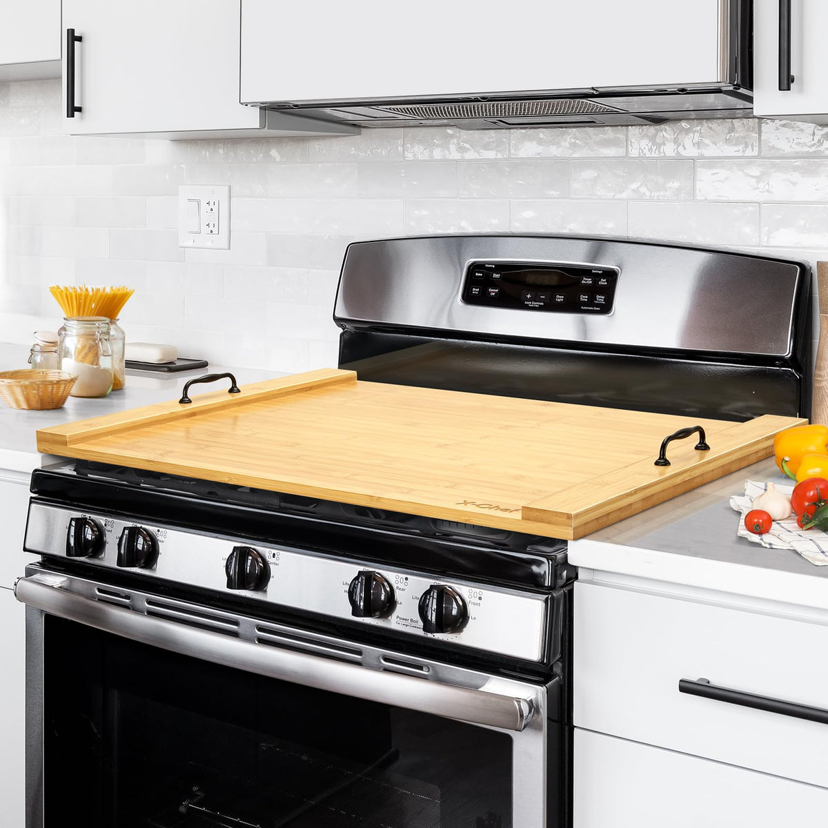 X-Chef cubre-estufa de bambú frente amplia para extensión de cocina.