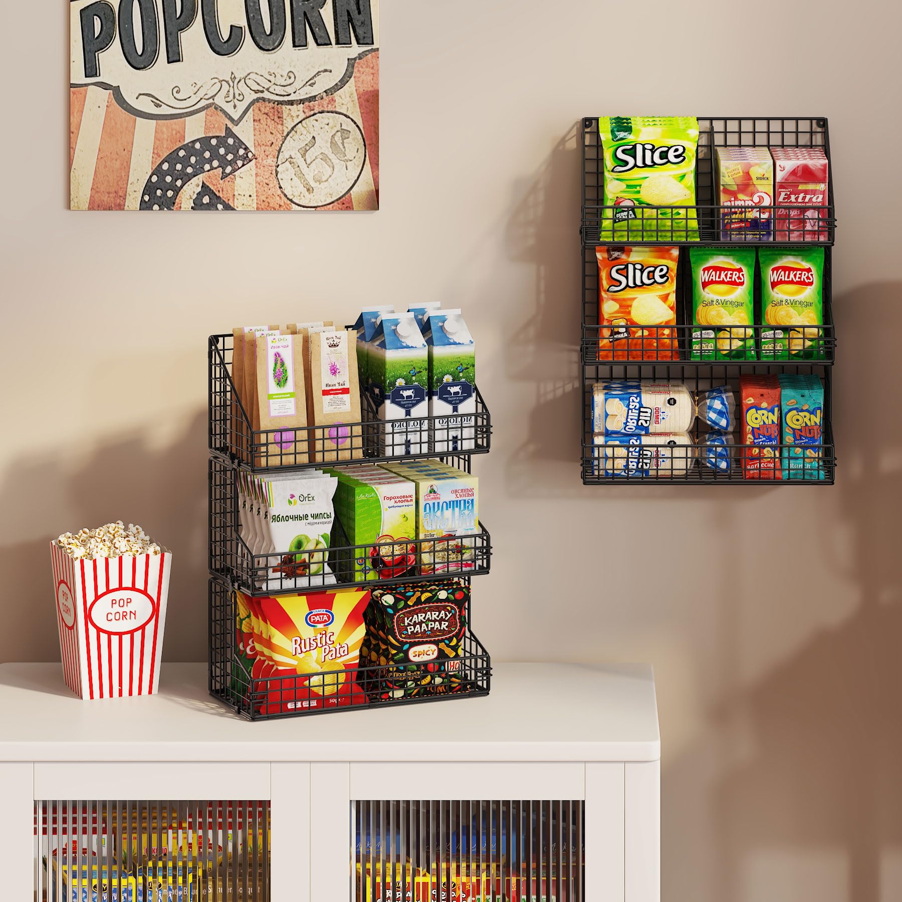 X-cosrack divisores ajustables para organizar snacks y condimentos.