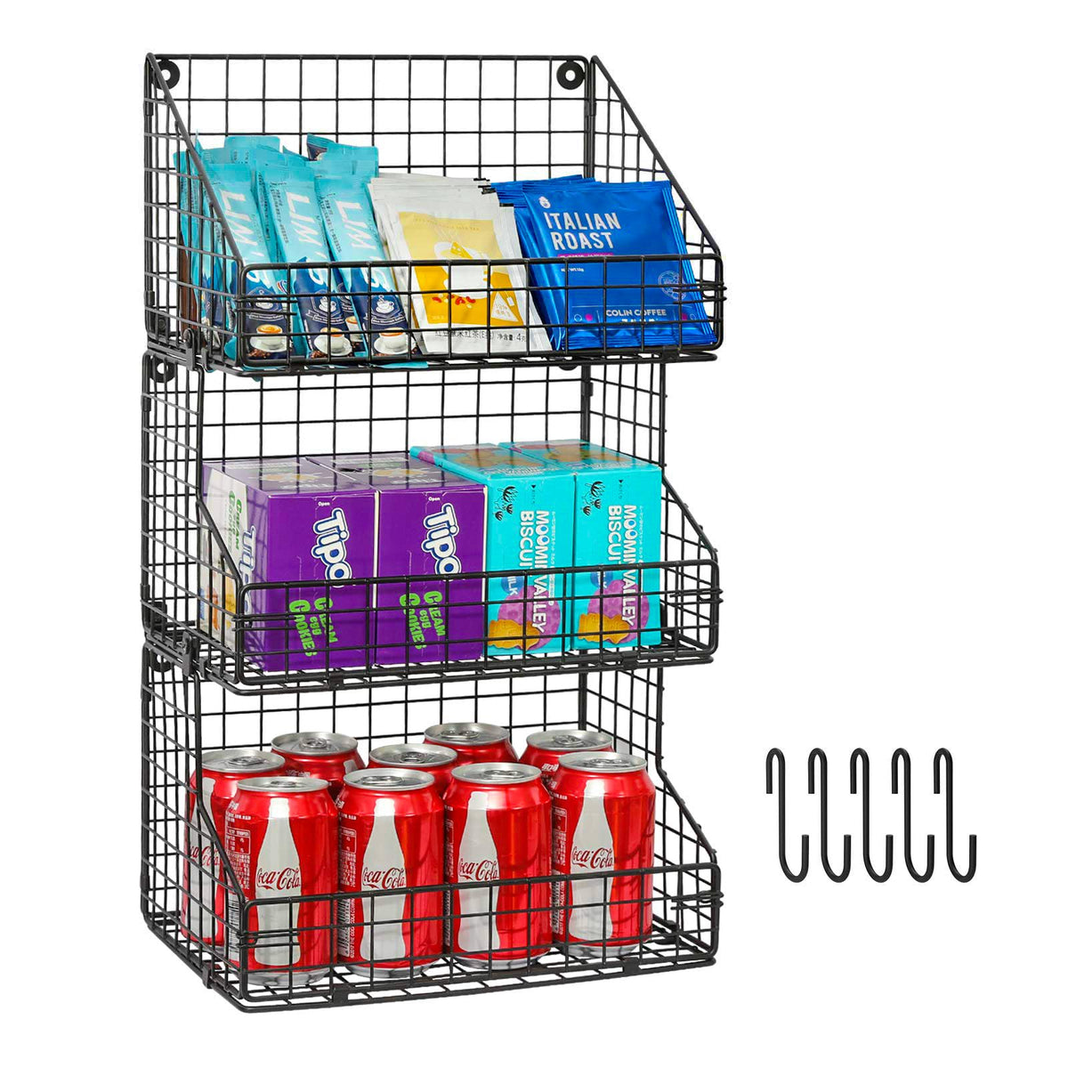 X-cosrack organizador de aperitivos tres niveles, vista frontal para ver y tomar rápidamente.