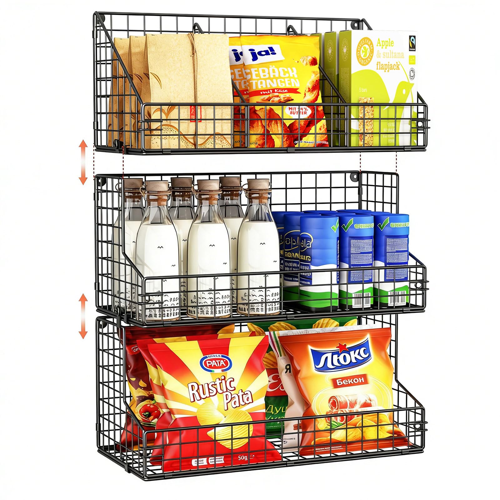 X-cosrack organizador de snacks de tres niveles montado en pared para acceso rápido.