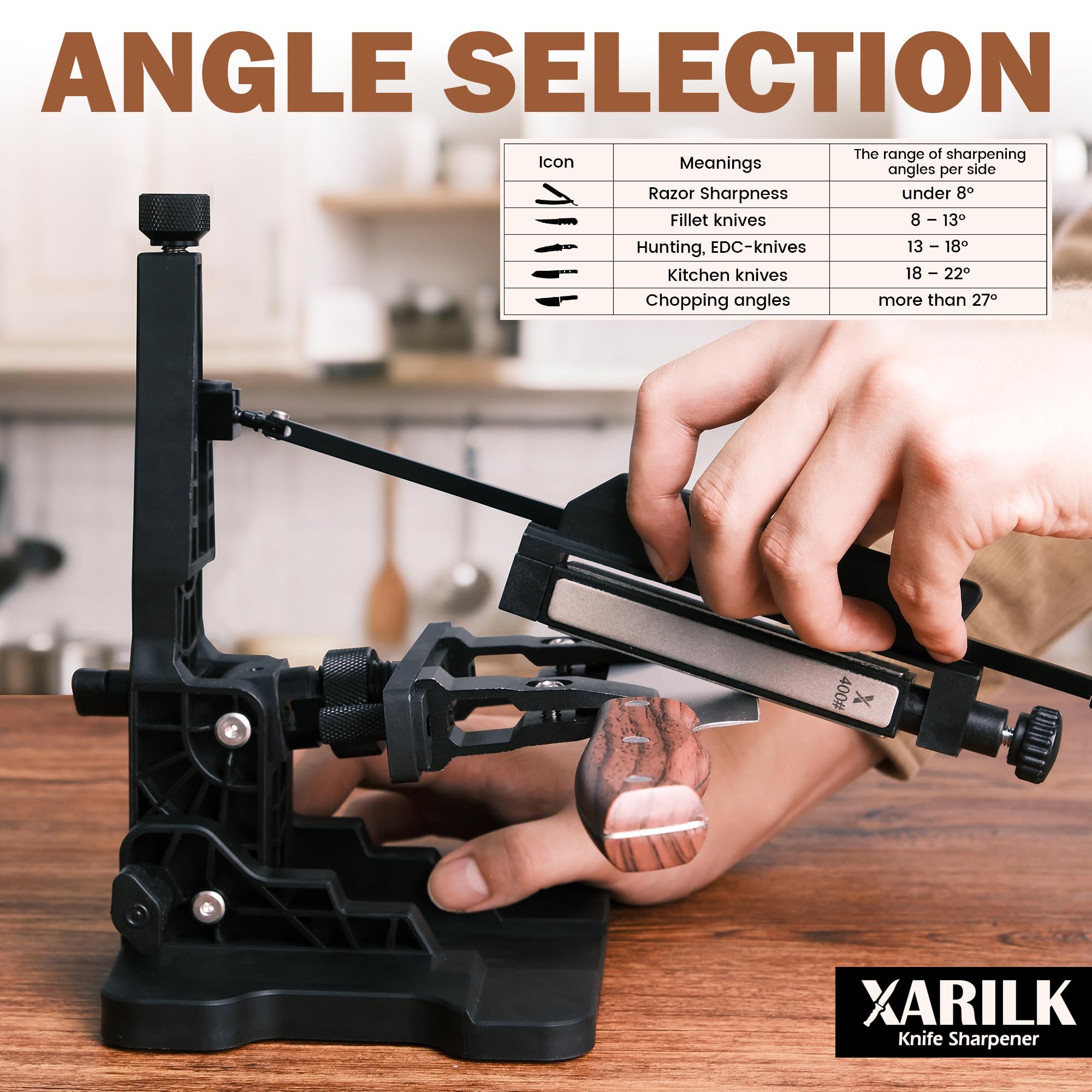 Ajuste de ángulo 10-40 grados en XARILK FS1 para afilar diferentes cuchillos.