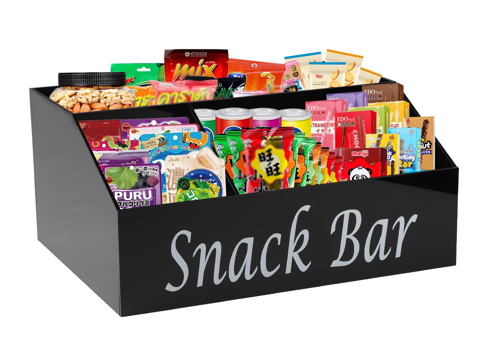 Xbopetda Snack Bar Station frente con 4 compartimentos para ordenar snacks.