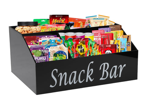 Xbopetda Snack Bar Station frente con 4 compartimentos para ordenar snacks.