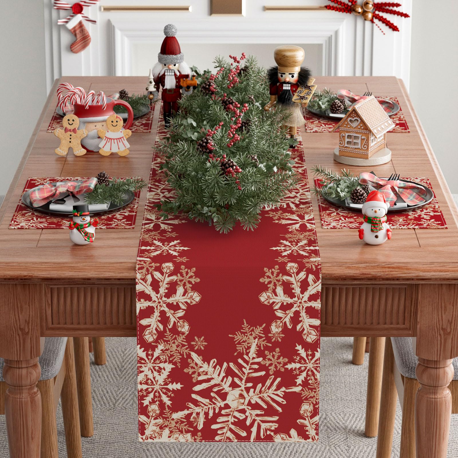Detalle de copos rojos en el camino de mesa XCHI para Navidad