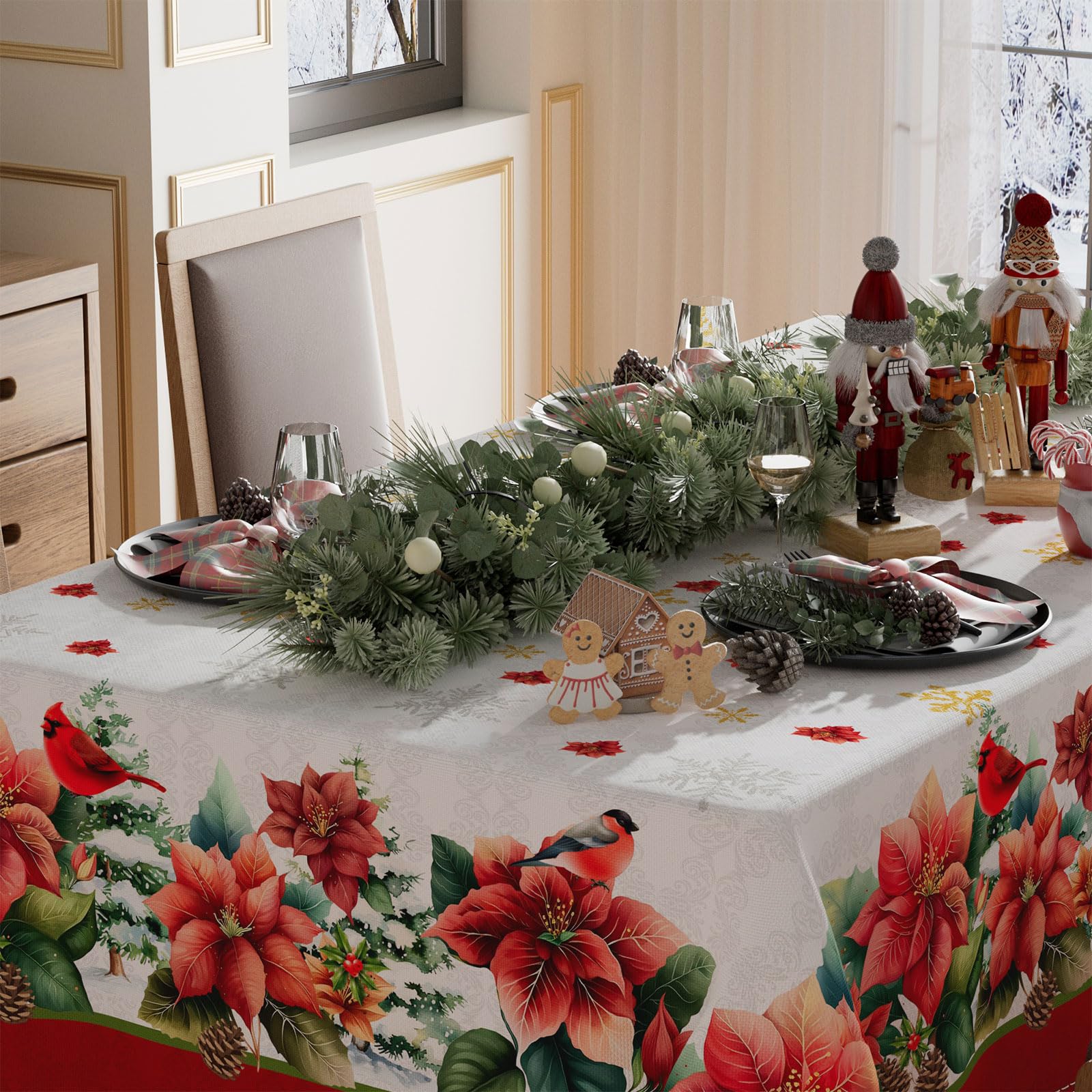Mantel XCHI navideño con cardenal aporta elegancia a la mesa.