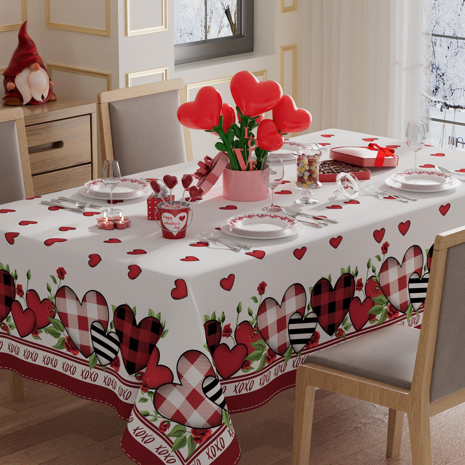 Mantel XCHI con corazones para mesa rectangular, ideal para San Valentín.