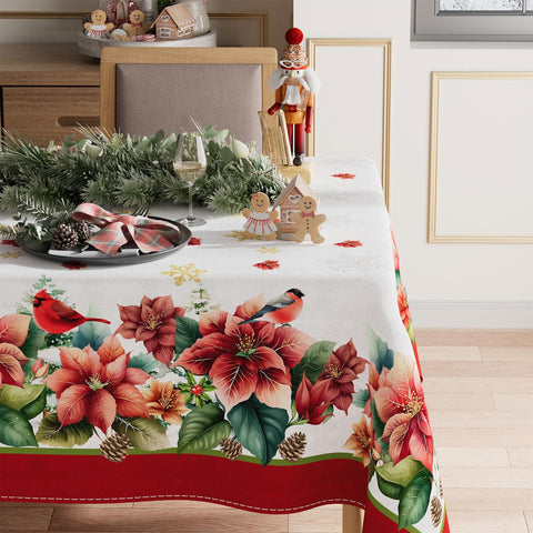 Mantel XCHI detalle flor de Pascua y cardenal, ambiente festivo.