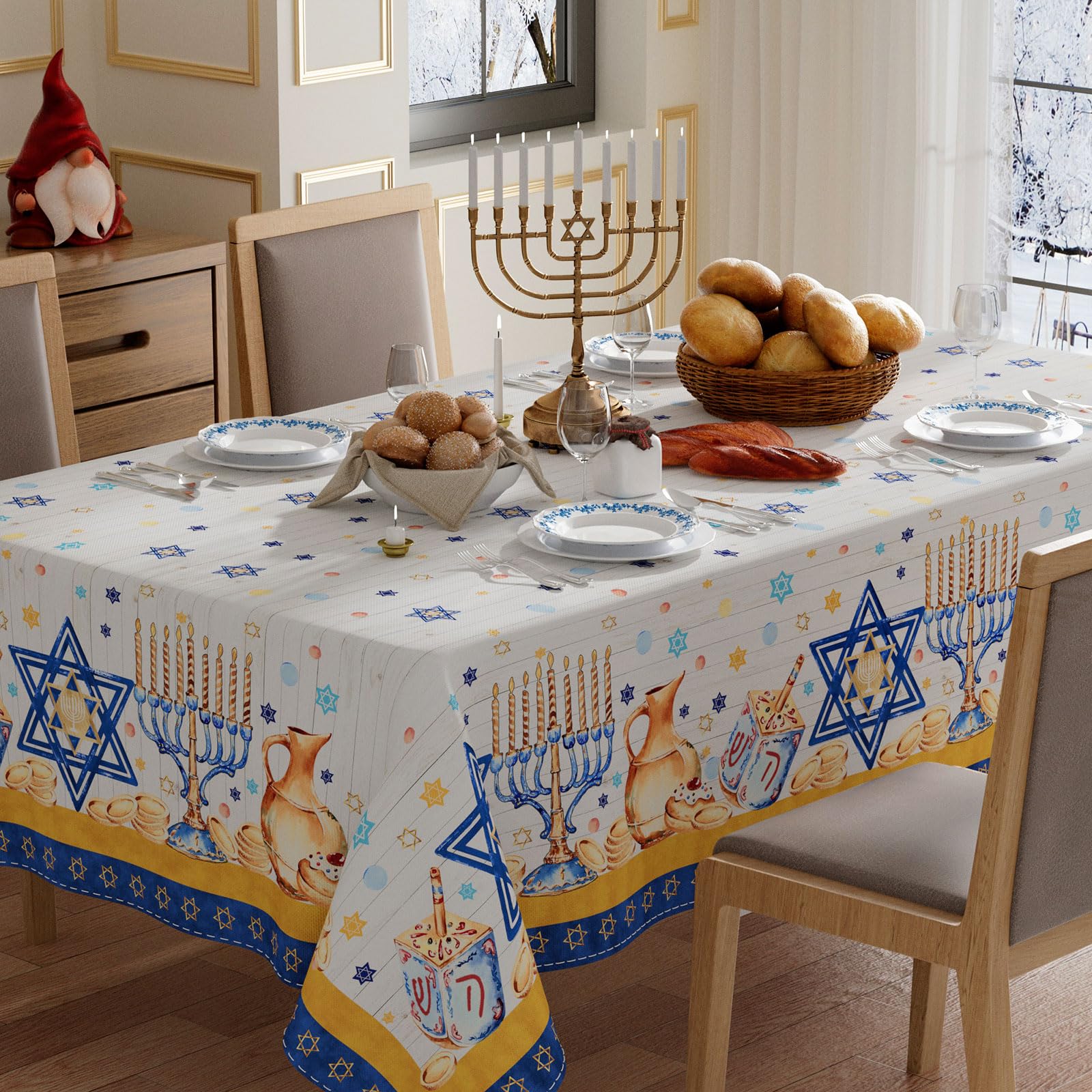 Mantel XCHI con dreidel, estrella de seis puntas, 60x84, adecuado para Janucá y cenas festivas.