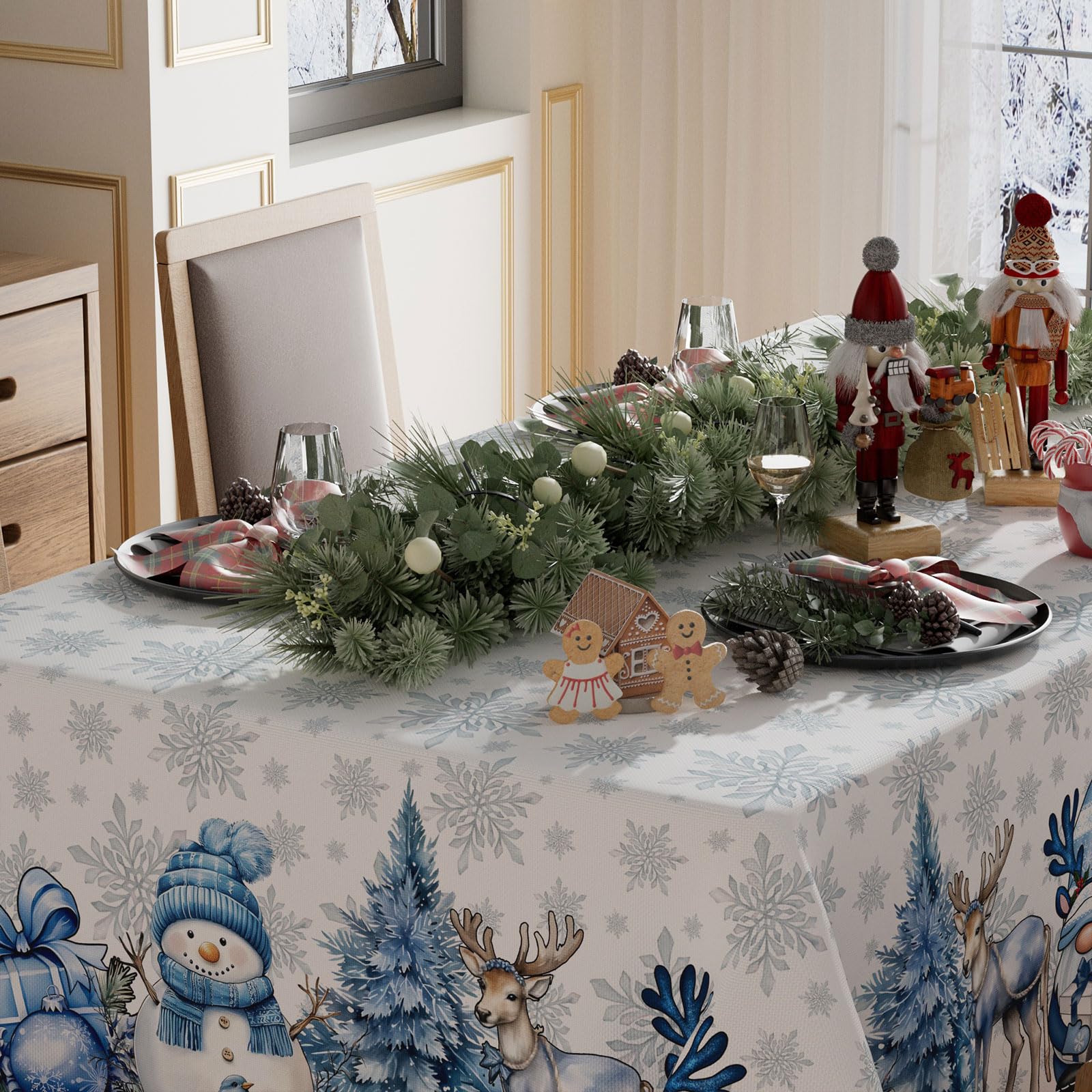 Escena de mesa festiva con mantel XCHI para reuniones.