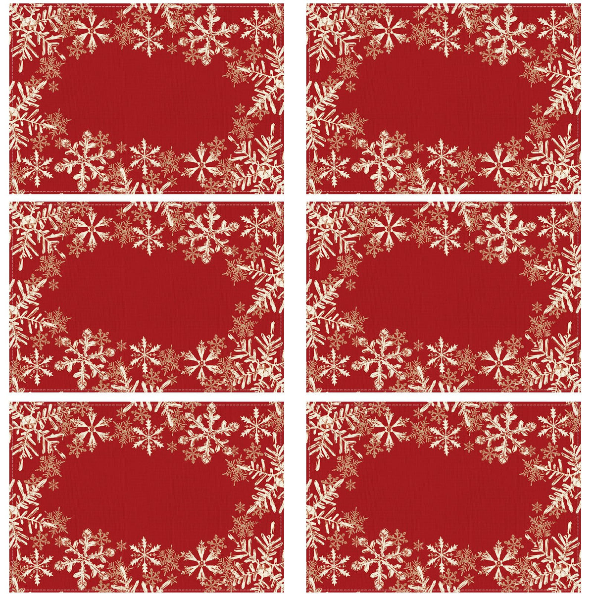 Mantel XCHI con copos rojos, ideal para crear ambiente festivo en cenas.