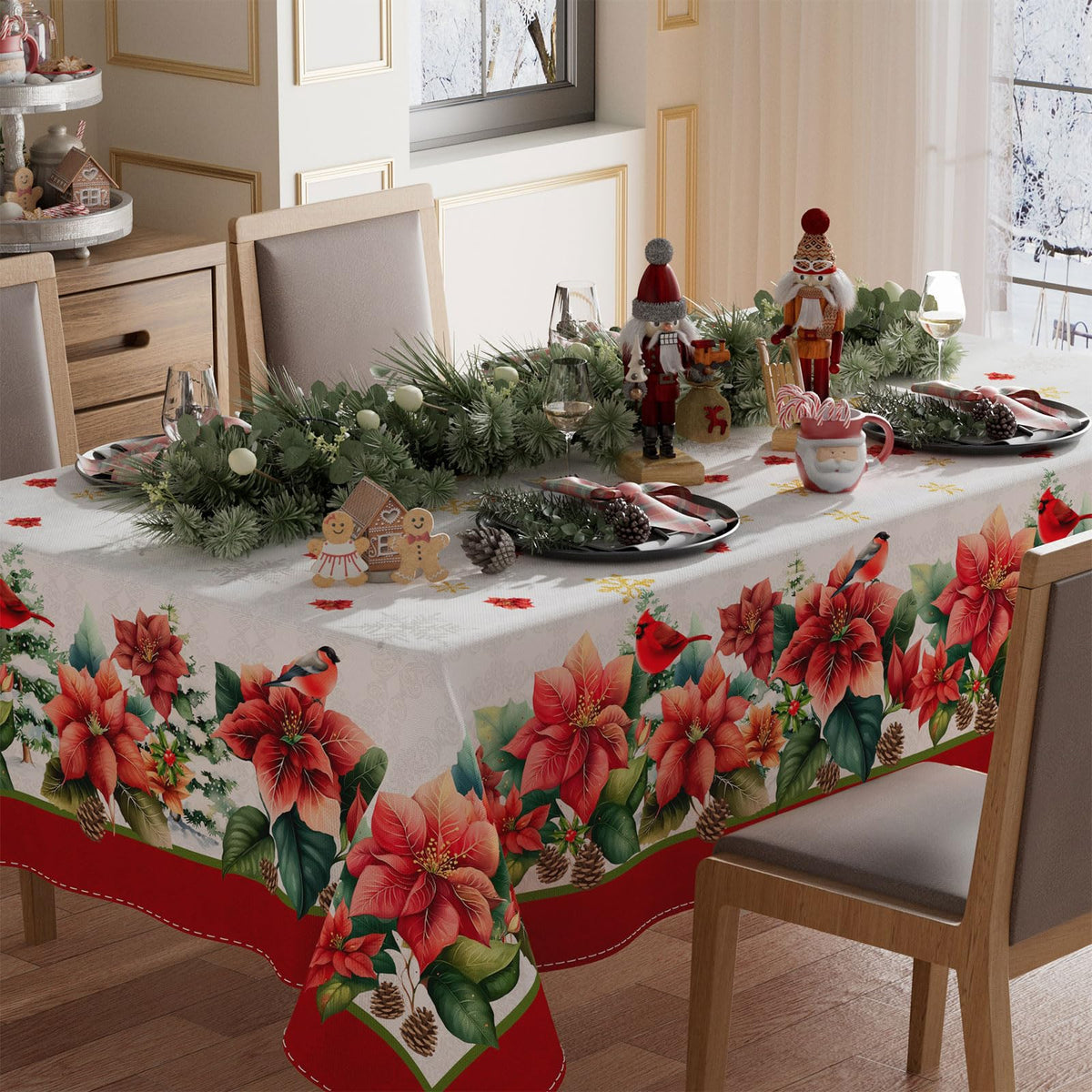 Mantel XCHI con flor de Pascua y cardenal para mesa navideña 60x84.