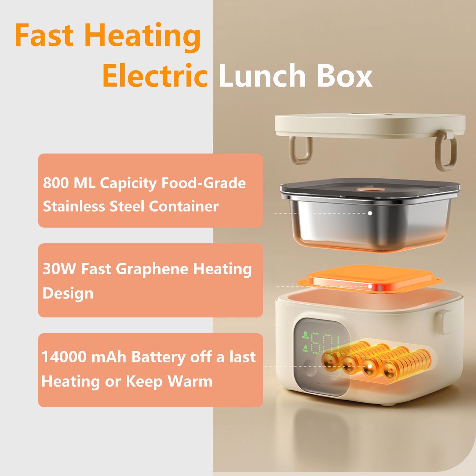 Xeamun caja-almuerzo interior 800ml, acero inoxidable, fácil de limpiar.
