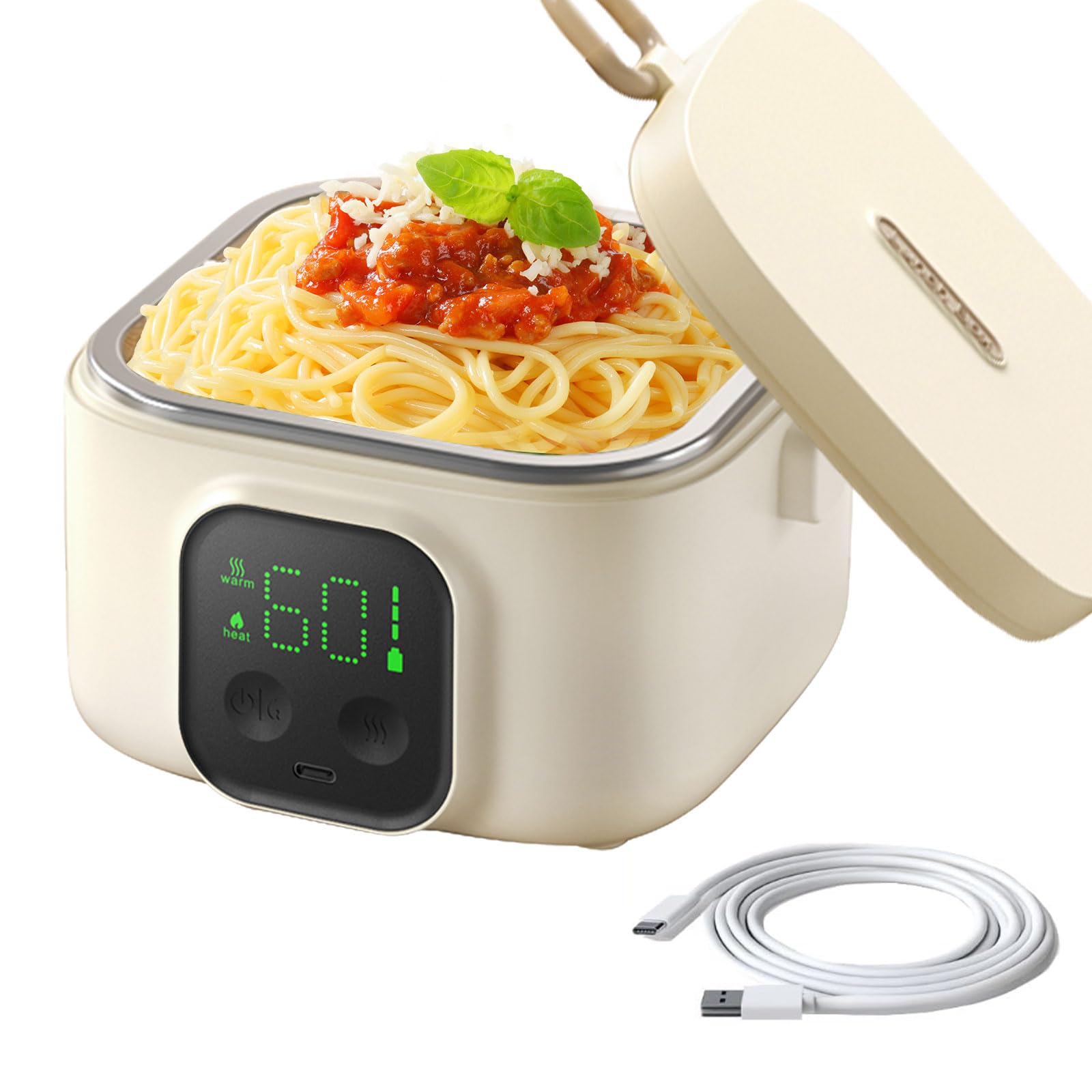 Xeamun caja de almuerzo portátil con calentador eléctrico, frente visible para uso en movimiento.