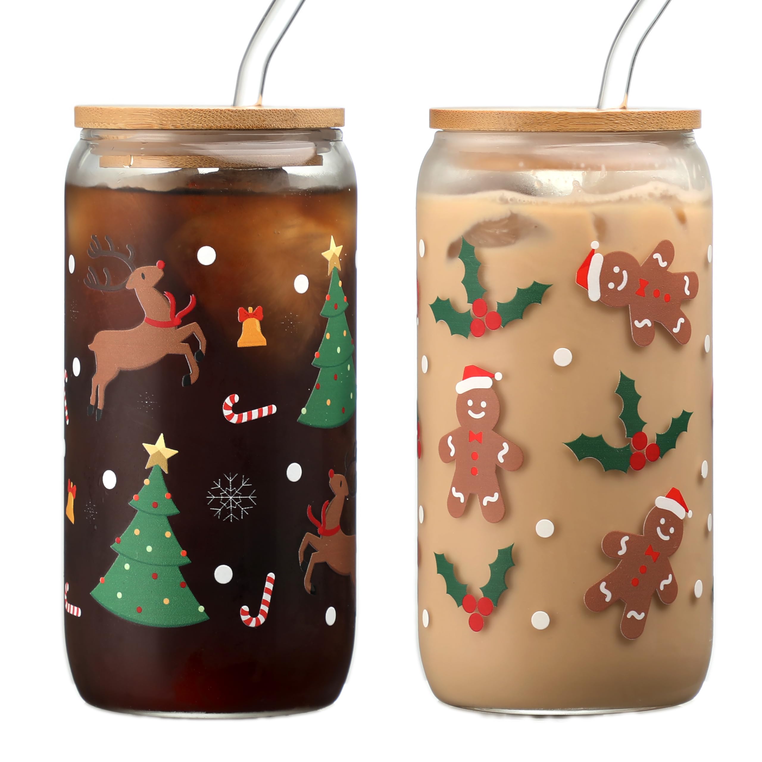 Xelewooz conjunto de dos tazas navideñas de vidrio 16oz con tapas, perfectas para café helado.