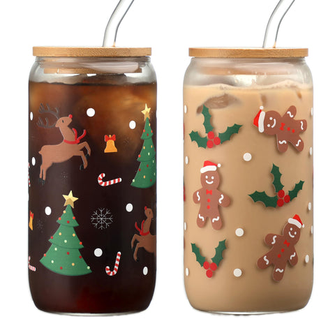 Xelewooz conjunto de dos tazas navideñas de vidrio 16oz con tapas, perfectas para café helado.
