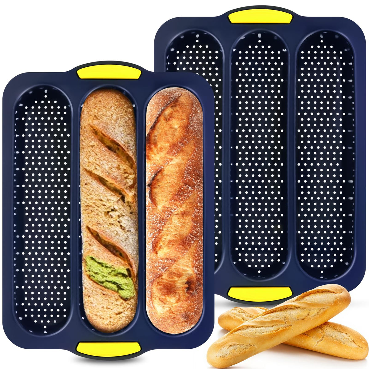 XenMee pan-baguette silicona 3 cavidades perforado, hornea baguettes crujientes y uniformes.