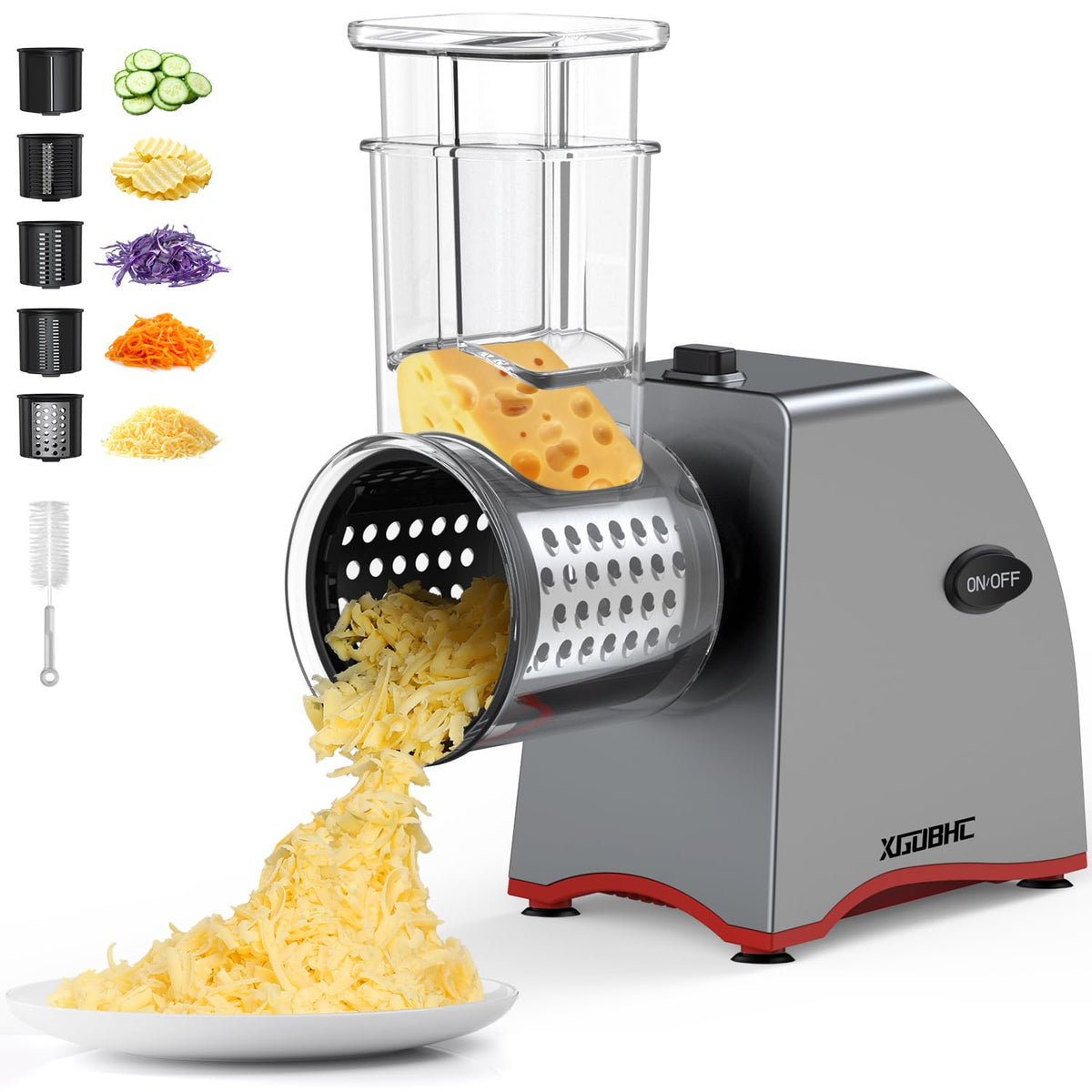 Rallador de queso eléctrico XGOBHC con 5 hojas intercambiables para texturas diversas.