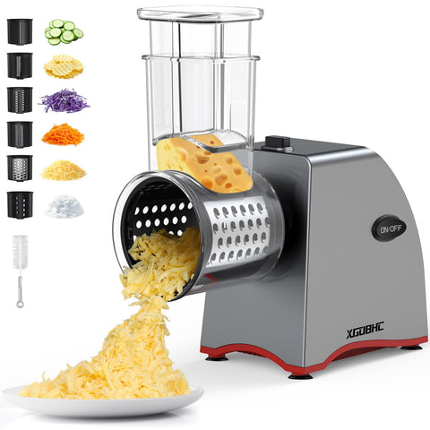 Rallador eléctrico XGOBHC con seis cuchillas para queso y verduras, preparación rápida.