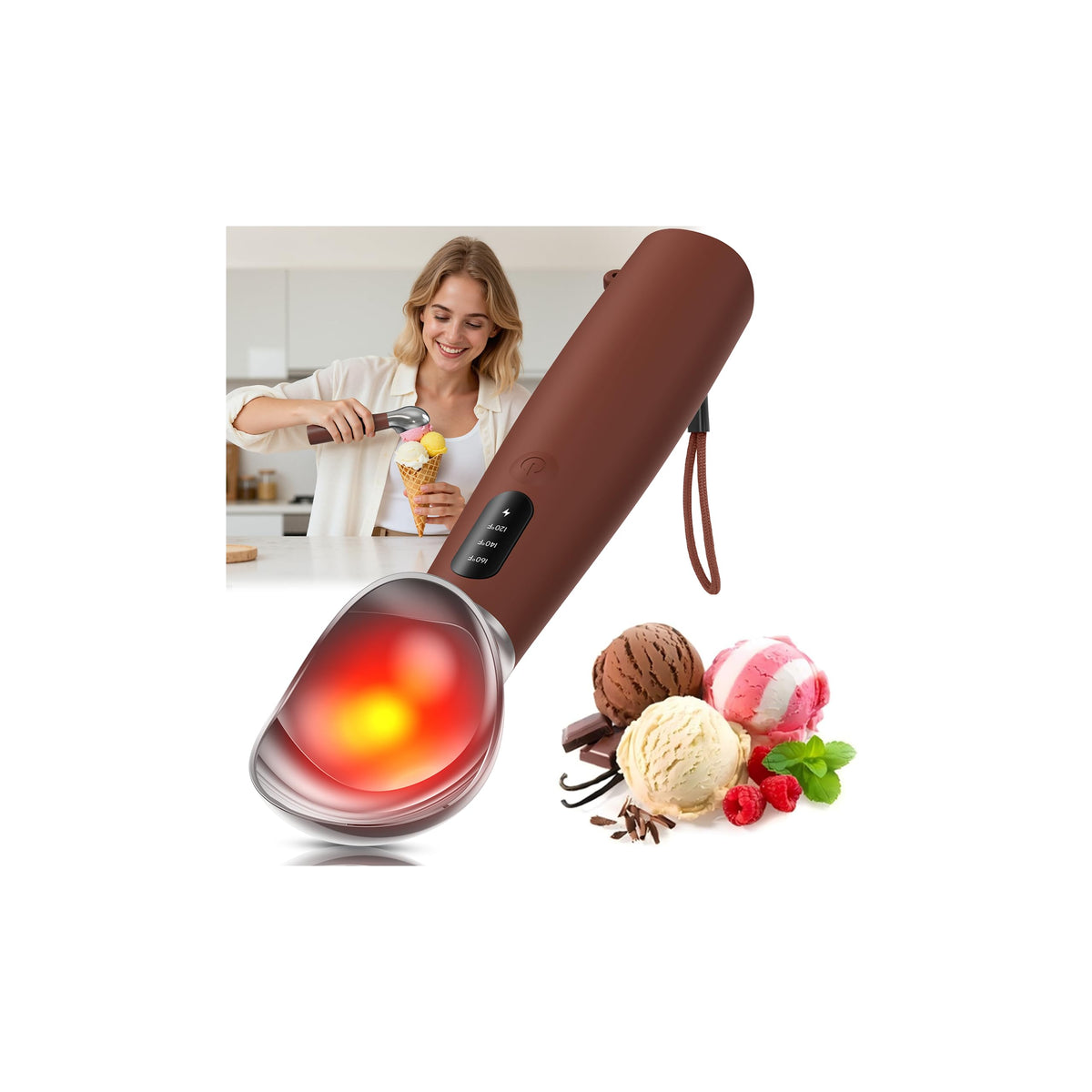 Cuchara de helado XIAOJINYU con cabeza calentada para servir helado duro sin esfuerzo.