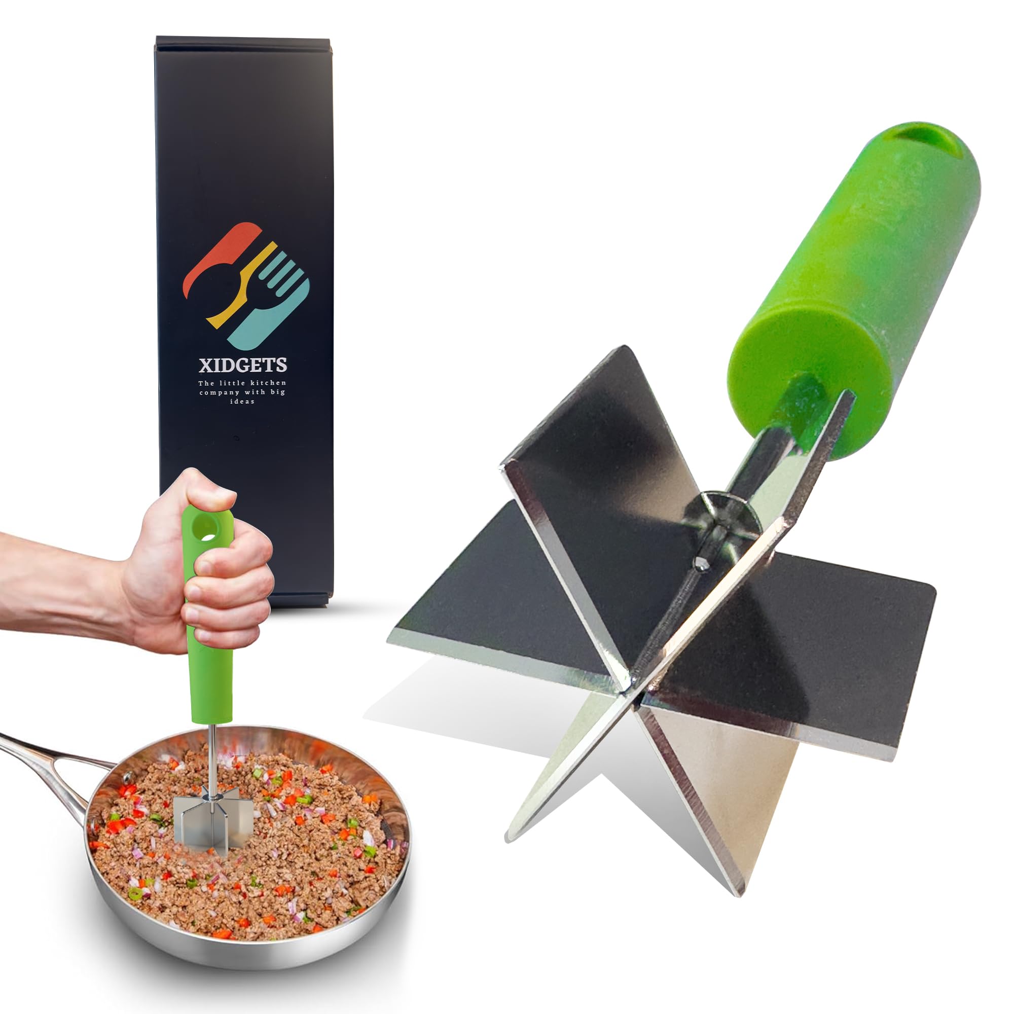 Xidgets amasador carne, acero inoxidable, mango ergonómico para control y comodidad.
