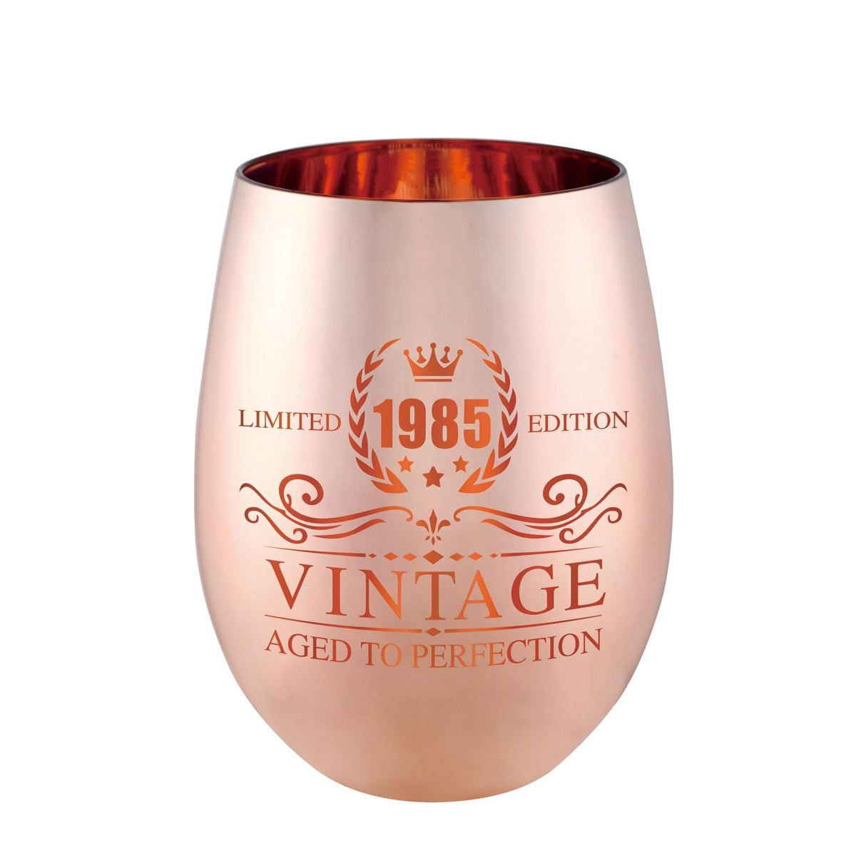 Vaso de vino vintage 1985 de xilaxila en rosa dorado para celebraciones.