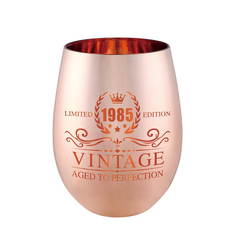 Vaso de vino vintage 1985 de xilaxila en rosa dorado para celebraciones.