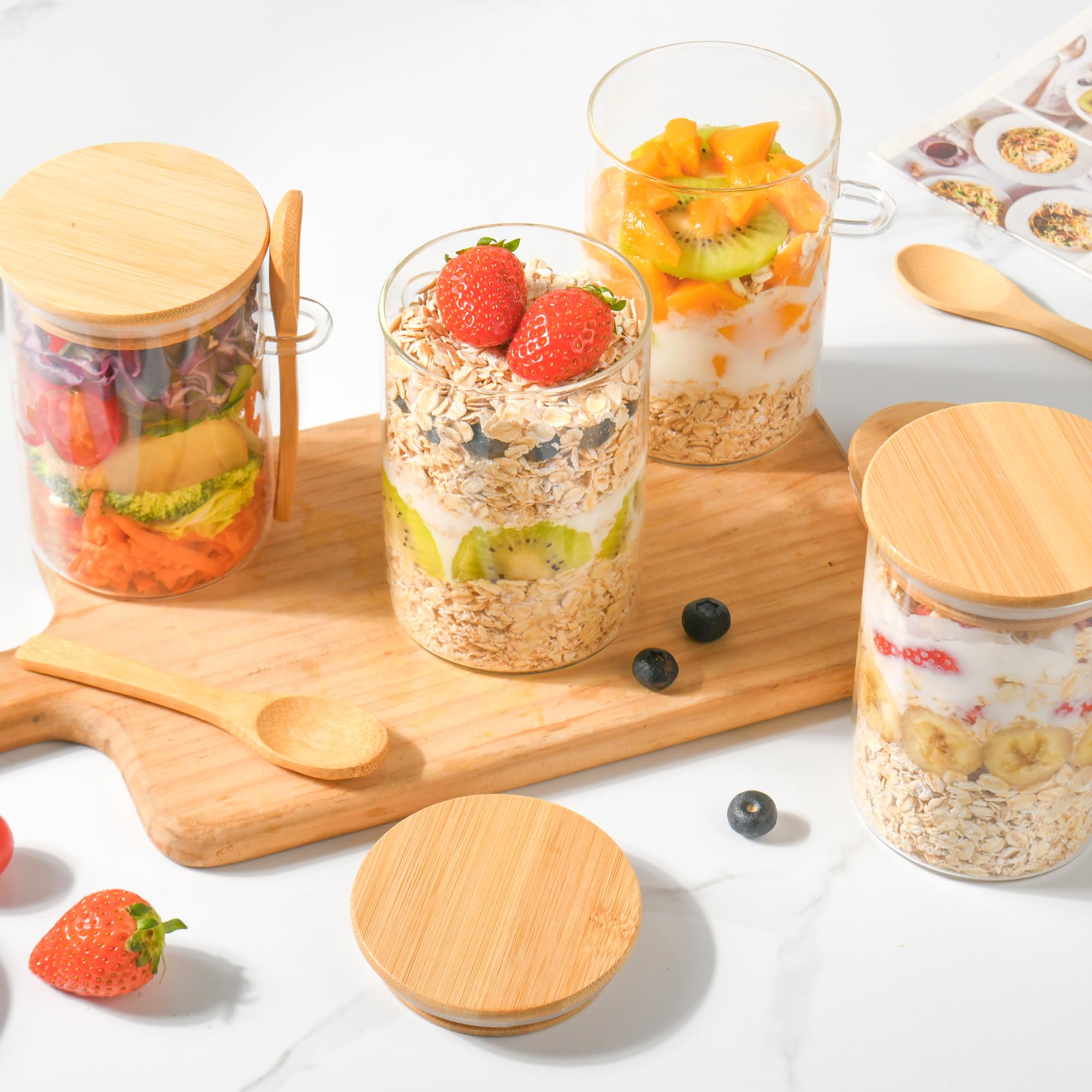 Conjunto de 4 frascos para desayunos prácticos.