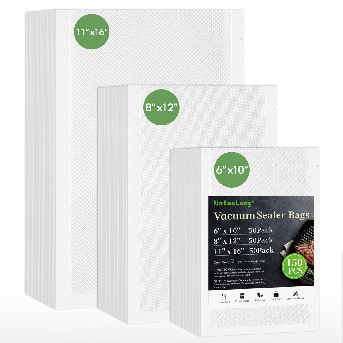 Bolsas XinBaoLong 150 qt 11x16 para almacenamiento prolongado de alimentos.