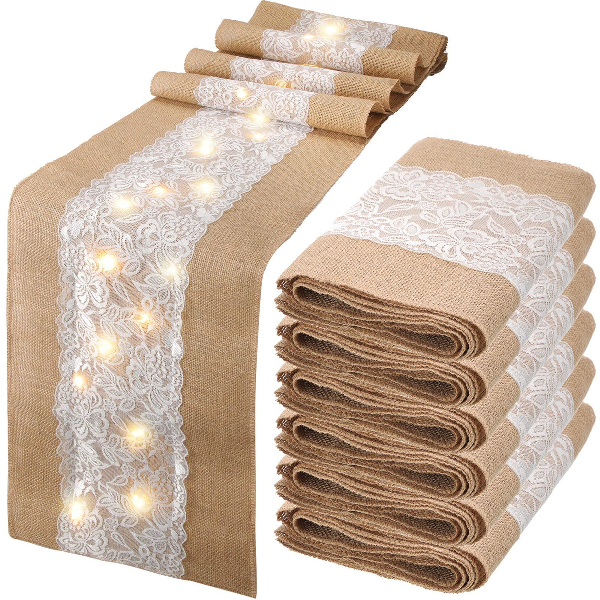 Xinnun Camino de mesa de yute con luces LED, ideal para cenas elegantes y cálidas.