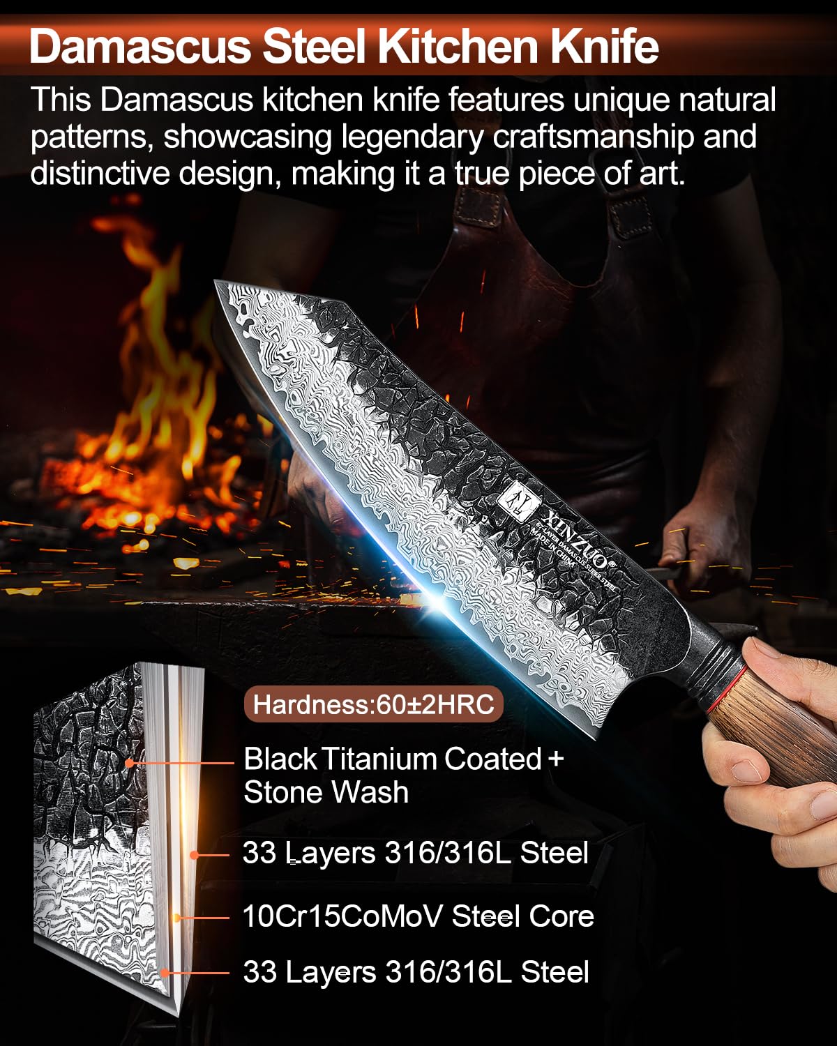 XINZUO Santoku: afilado de 15° para cortes precisos y suaves.
