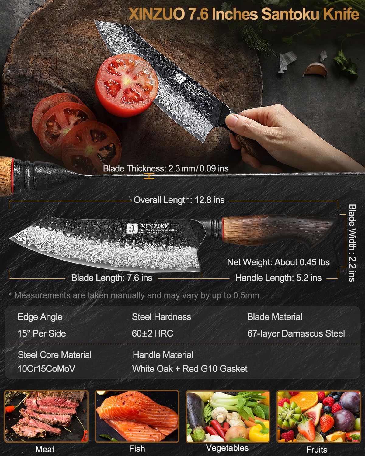 XINZUO Santoku: mango de roble blanco con aro G10 rojo para agarre seguro.