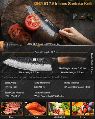 XINZUO Santoku: mango de roble blanco con aro G10 rojo para agarre seguro.