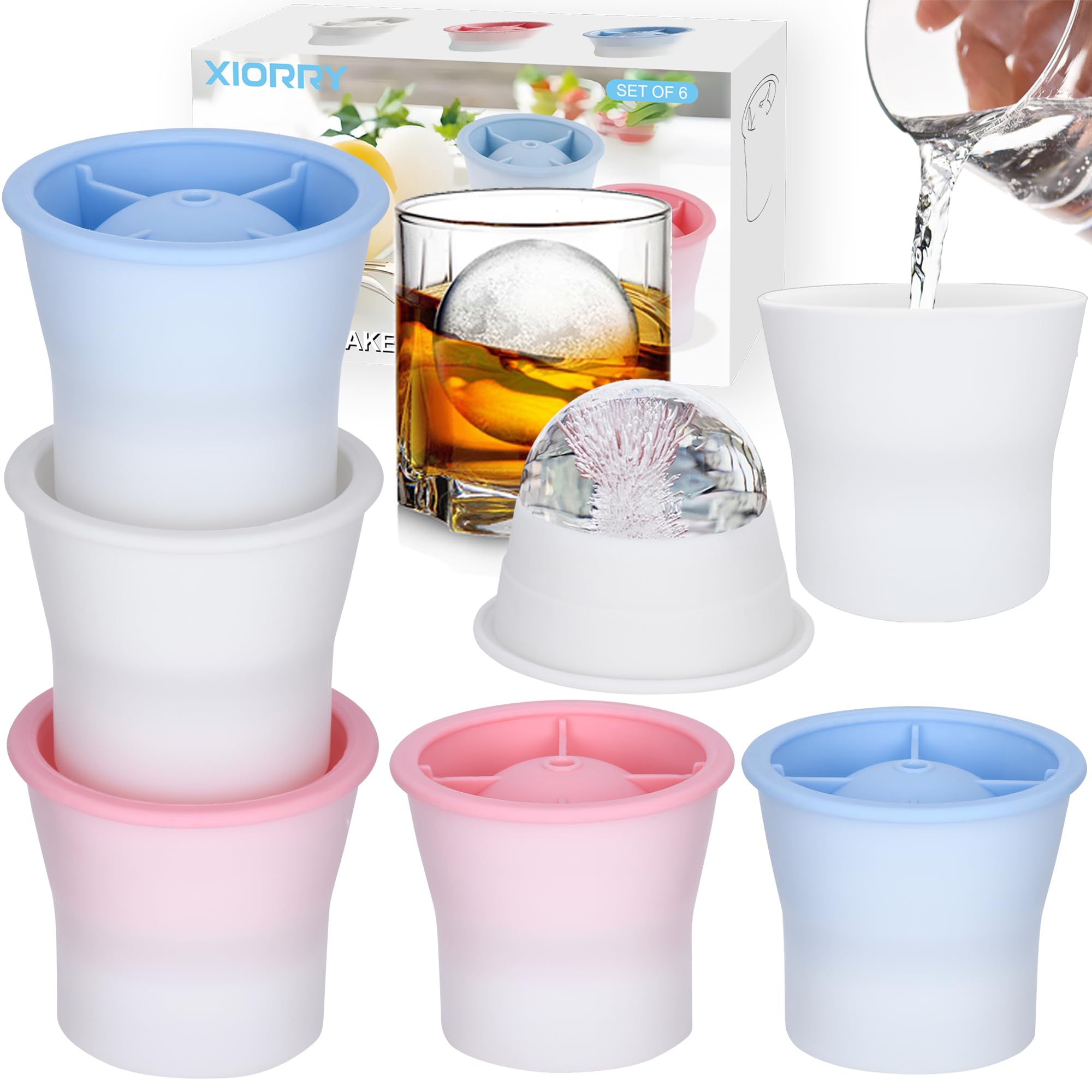 XIORRY molde esferas hielo de 6 unidades apilable, diseño compacto para tu congelador y bebidas frías.