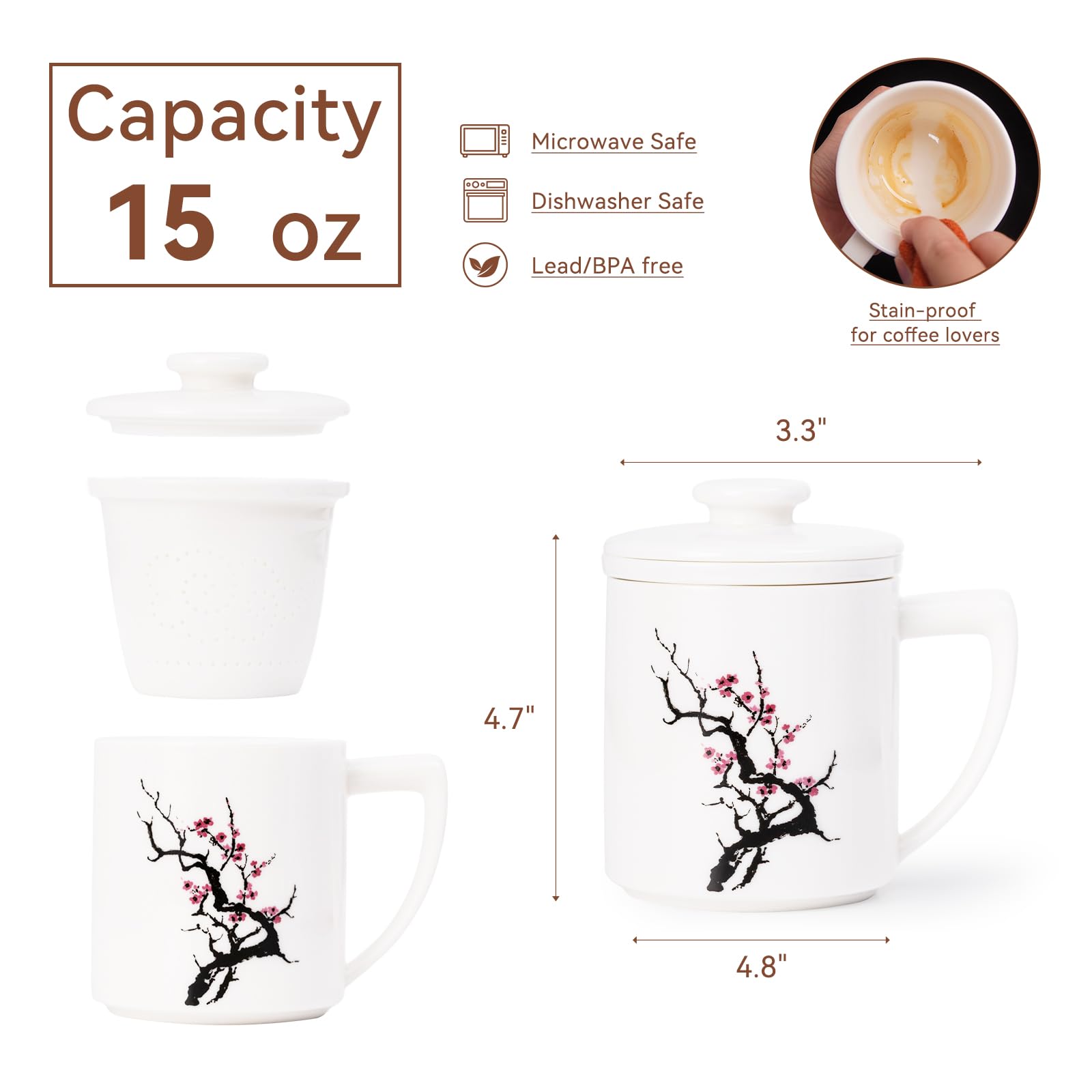 XIYUANJI Taza de té con infusor y tapa; arte hecho a mano