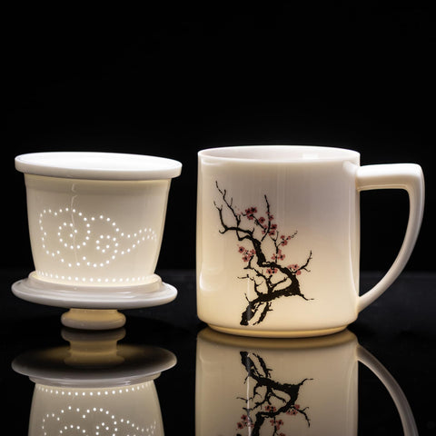 XIYUANJI Taza de té con infusor y tapa; detalle flor-de-ciruelo para ritual diario