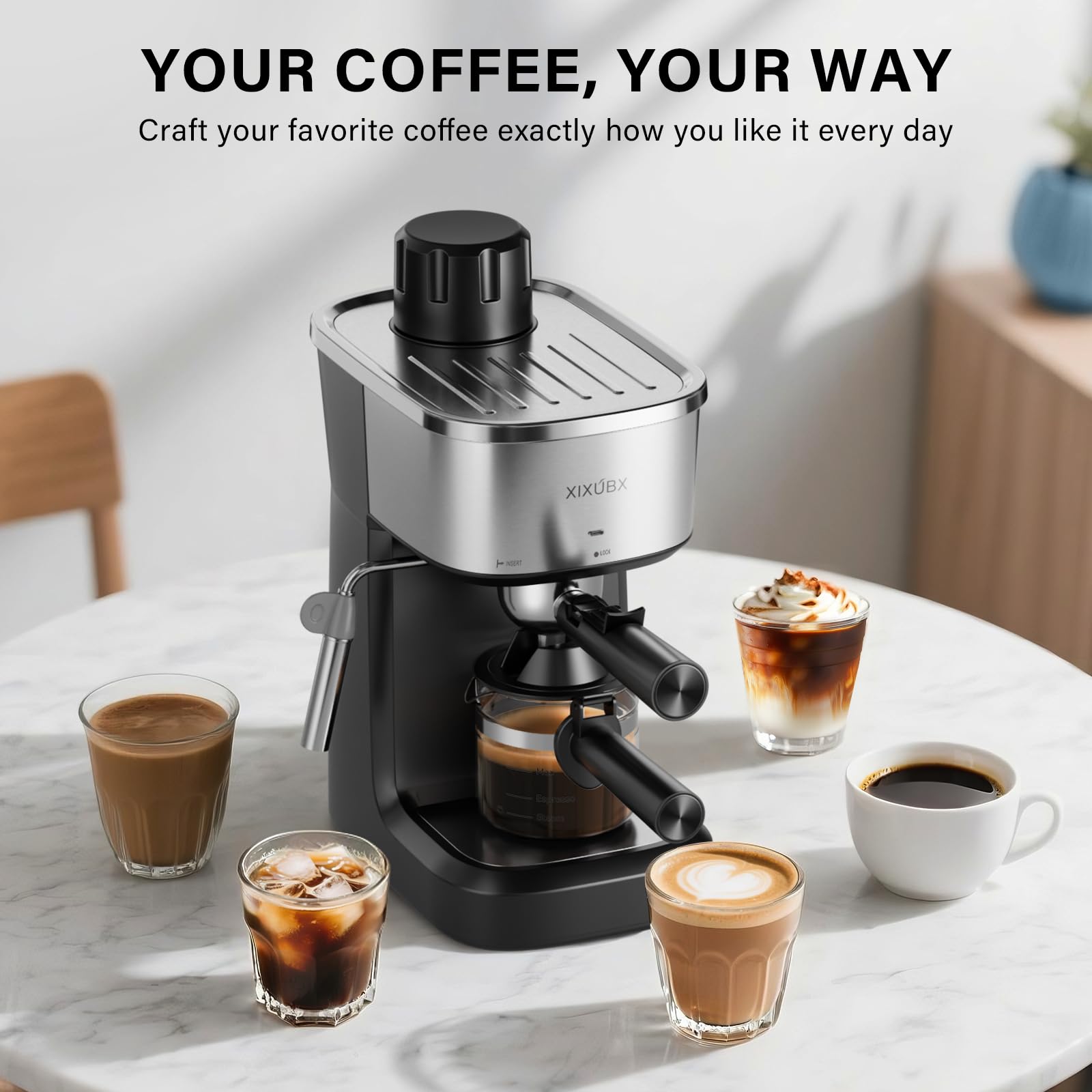 XIXUBX 6 Bar Cafetera: potencia de 800W para preparar espresso rápidamente.