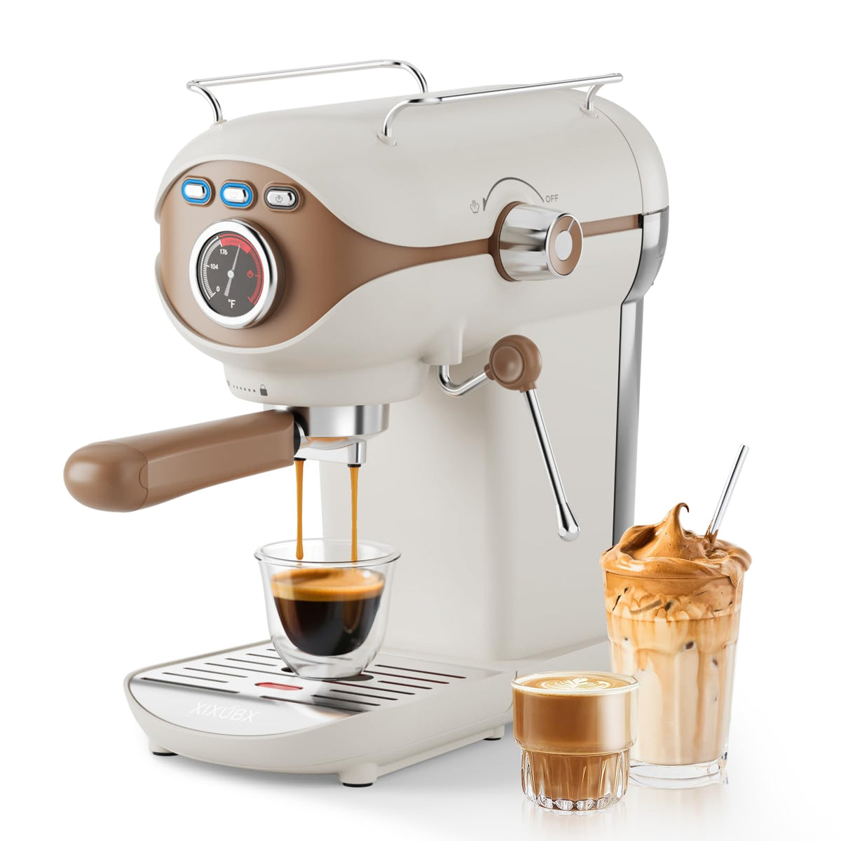 XIXUBX máquina de espresso 20 bares, vista frontal para uso doméstico.