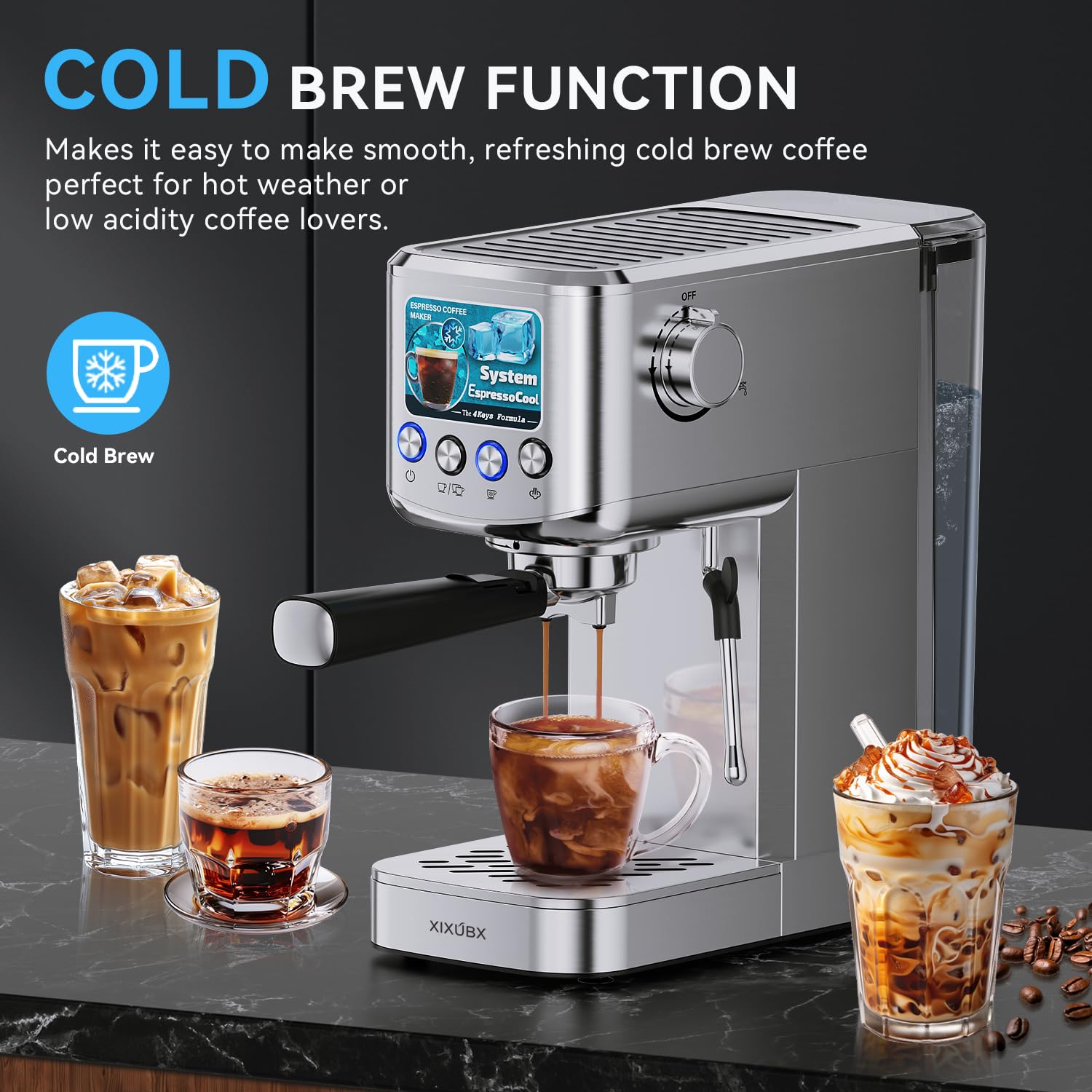 XIXUBX Espresso muestra función de café frío para bebidas refrescantes.