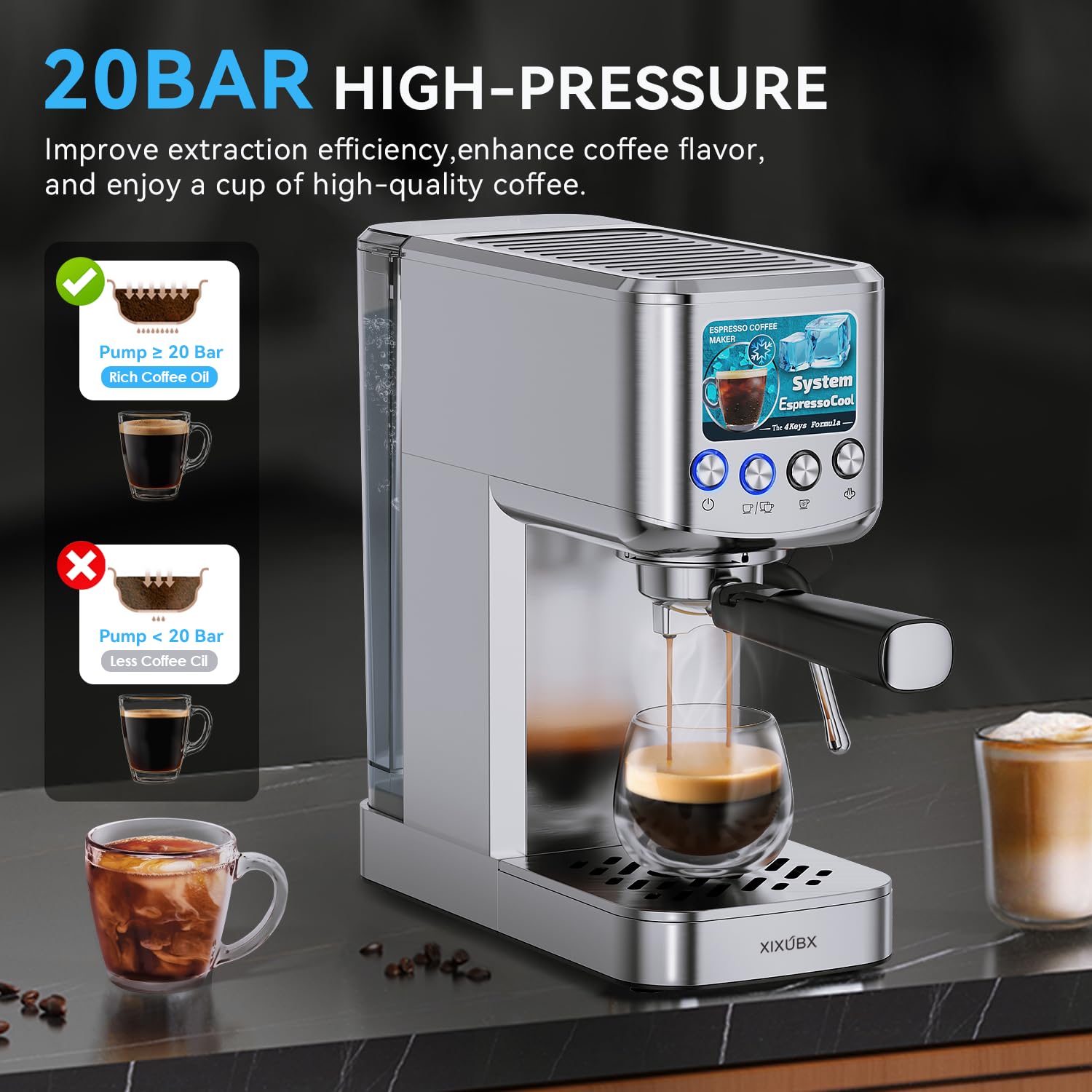 XIXUBX Espresso ofrece calentamiento instantáneo para servir rápido.
